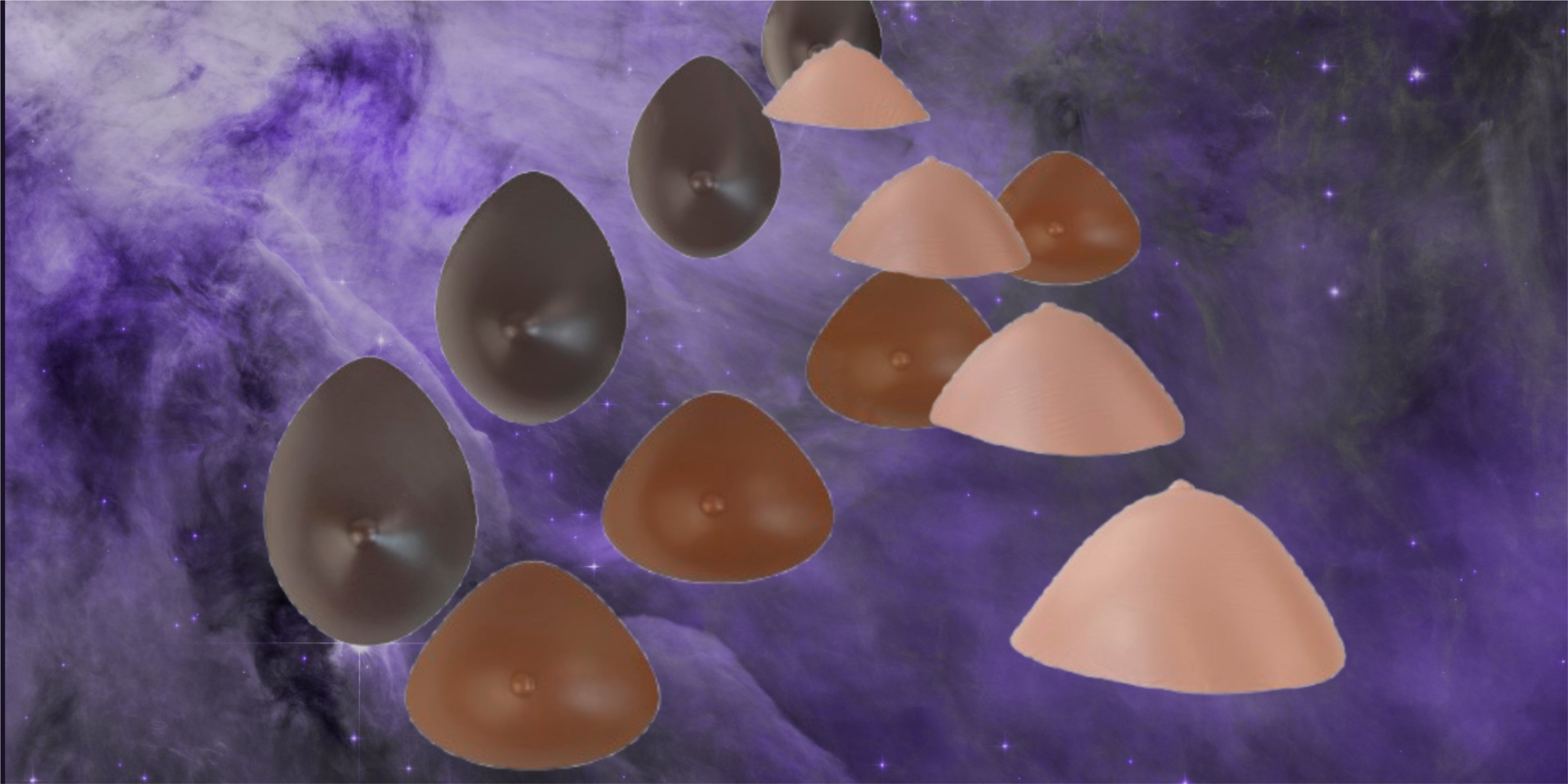 Breast forms or silicone realistic breast prostheses for trans women, mtf, drag queens, cosplayers. They have 3 different skin tones: beige, caramel, chocolate. They have 4 sizes from A to D cup.