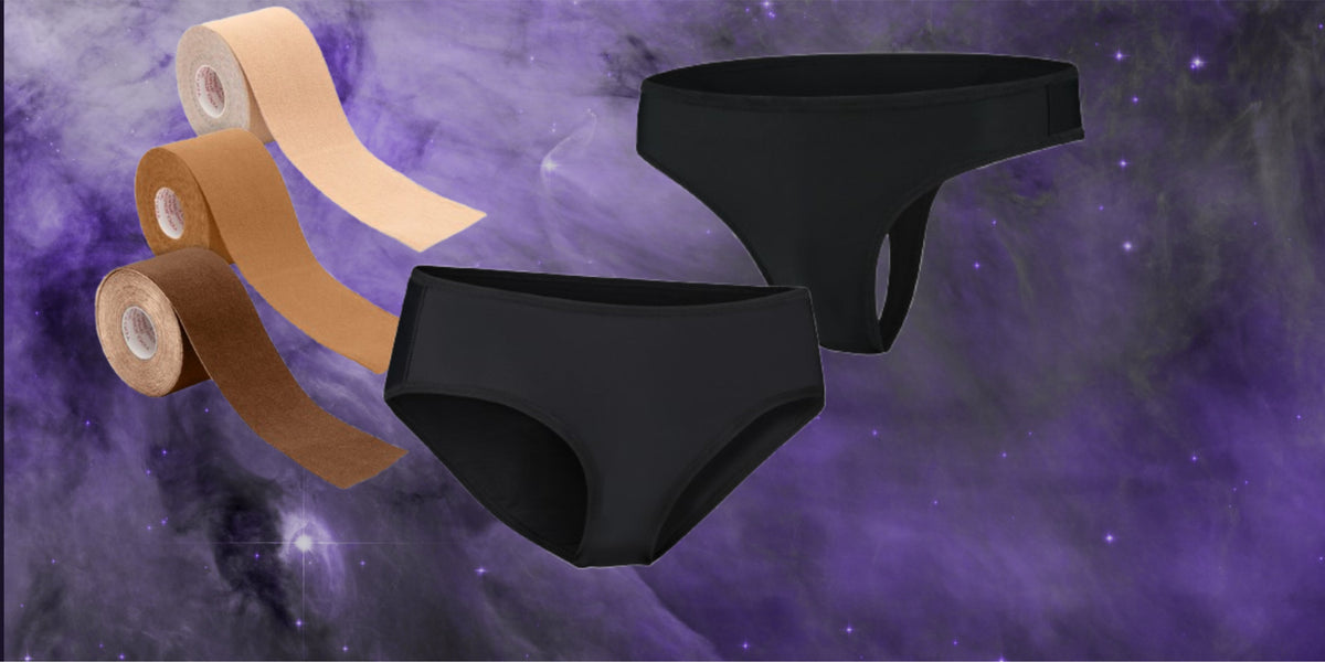 A stylized graphic with the text 'Bottom Compression' and 'GAFFS & TUCKING' above an illustrated thong in a purple-to-blue gradient on a dark starry background.