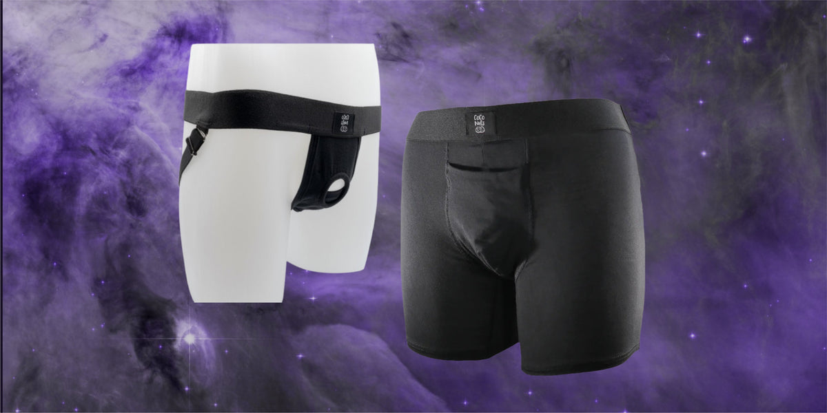 harness coco nuts banana prosthetics. Packing boxers for trans man. trans masc. transgender. ftm. nonbinary. stp. pack & play