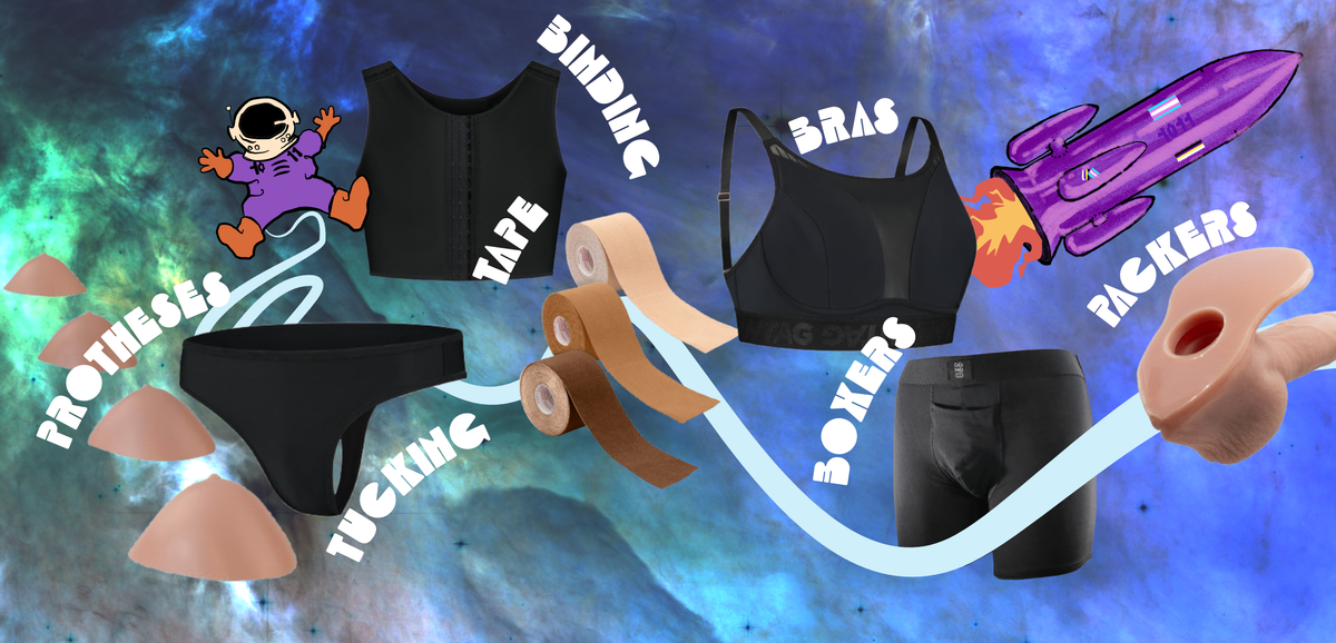 Trans gear products like chest binders, packers, strokers, period boxers, trans tape, A spaceship with trans and nonbinary flags. Gendernaut Store logo. Titles on products.