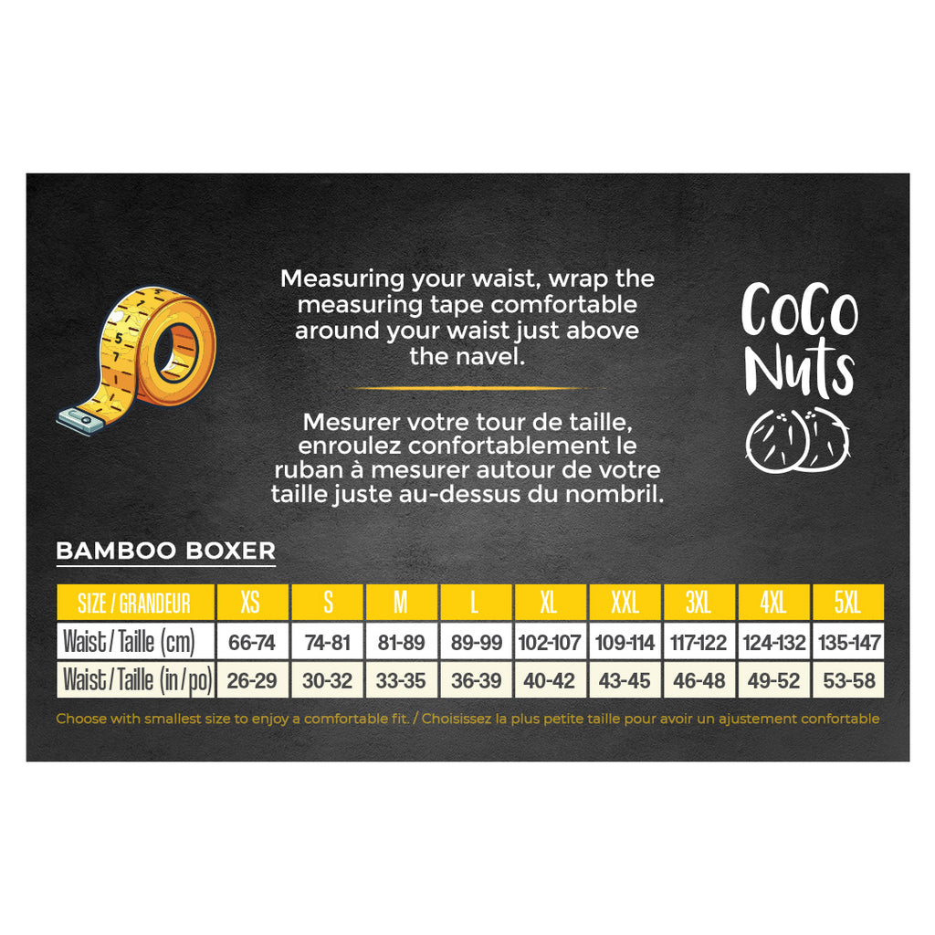 A sizing chart for the Coco Nuts Bamboo Boxer, featuring a waist measurement guide in English and French on a dark chalkboard-style background, alongside a yellow measuring tape graphic and a size table from XS to 5XL.