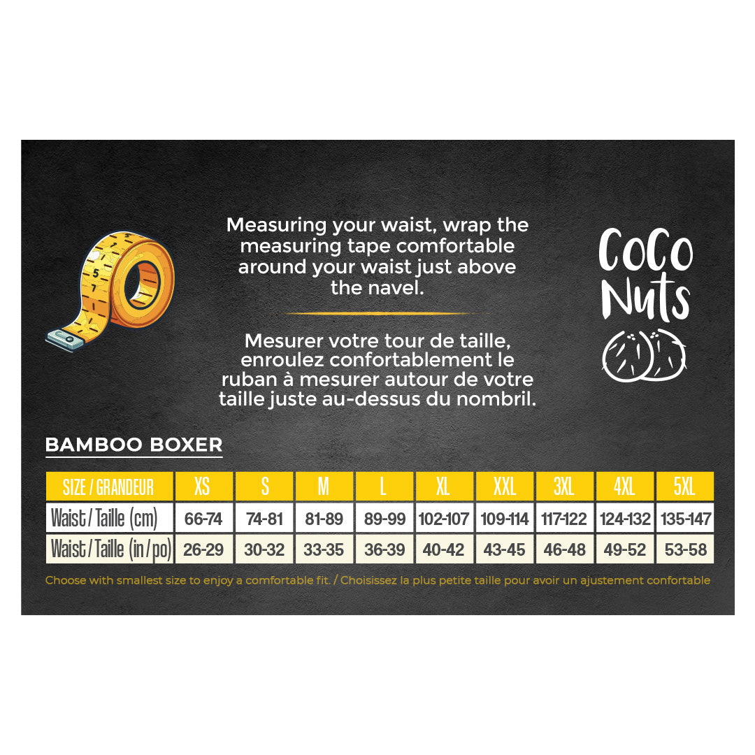 A sizing chart for the Coco Nuts Bamboo Boxer, featuring a waist measurement guide in English and French on a dark chalkboard-style background, alongside a yellow measuring tape graphic and a size table from XS to 5XL.