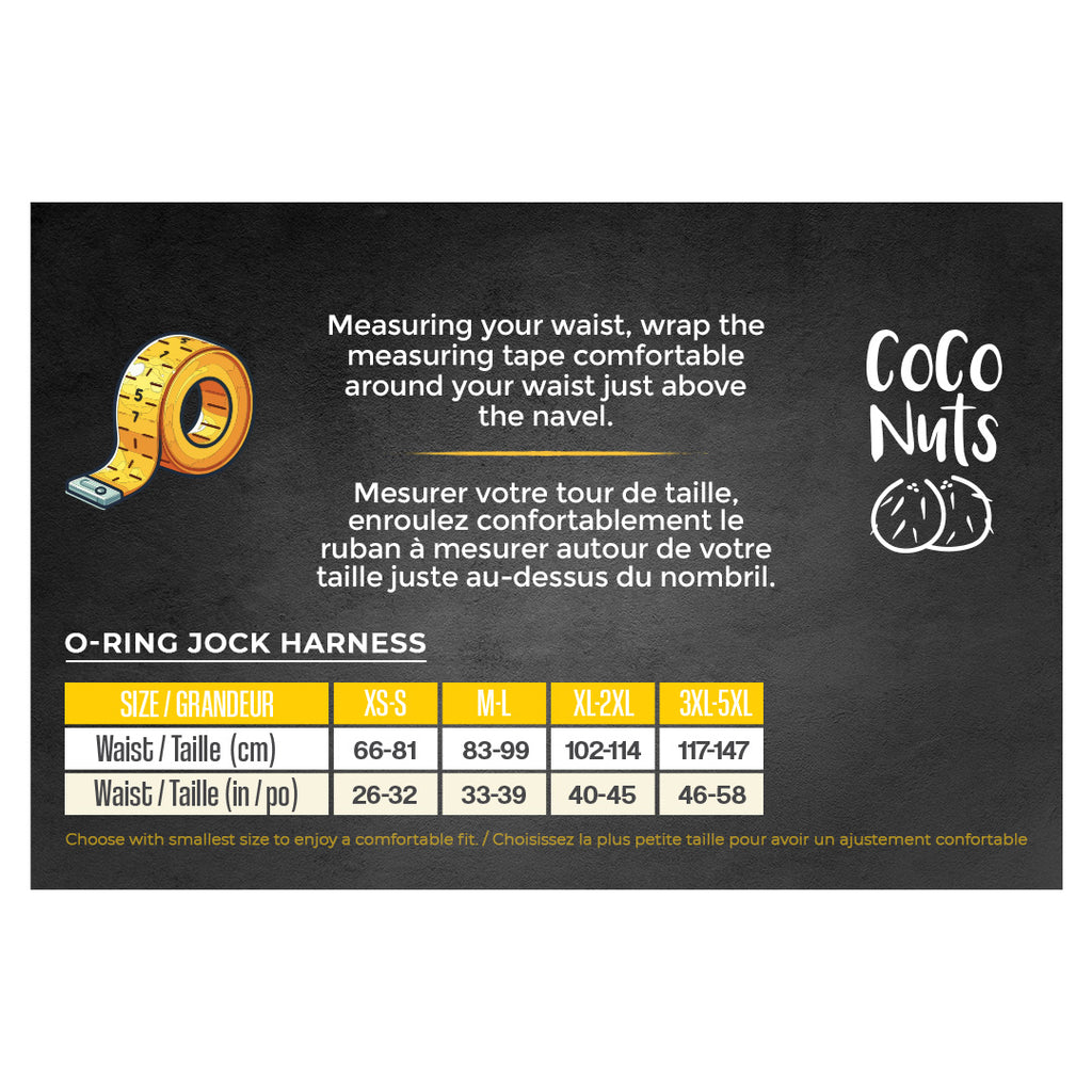 Measurement guide for a 'Coco Nuts' O-Ring Jock Harness with waist measurement chart on a black background.