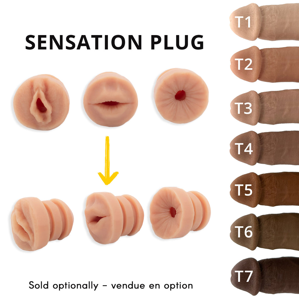 Three types of sensation plugs and 7 skin tones available. It features vulva, mouth and anus like plugs.