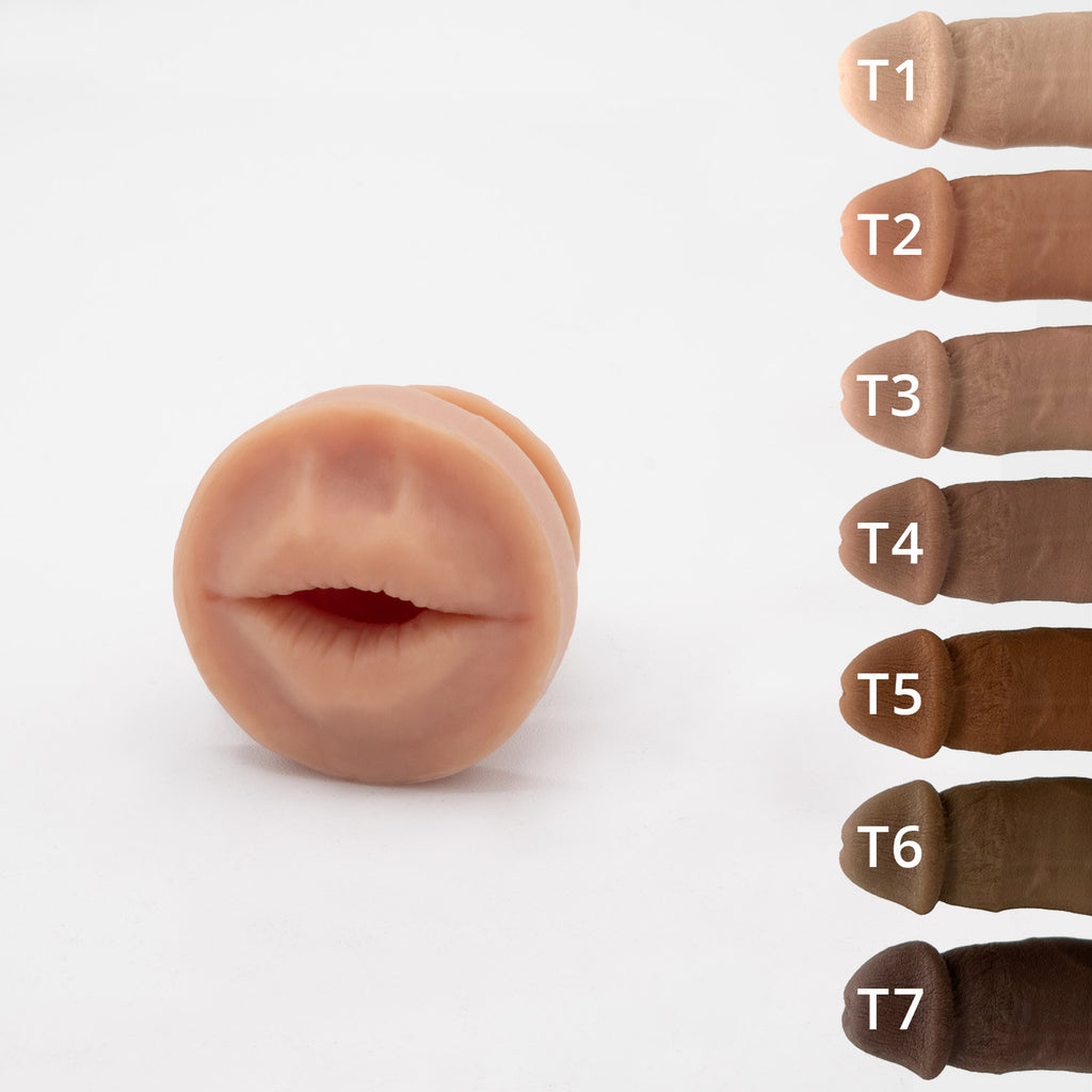 Mouth sensation plug of the hard penis packer HP1 banana prosthetics. 7 different skin tones.