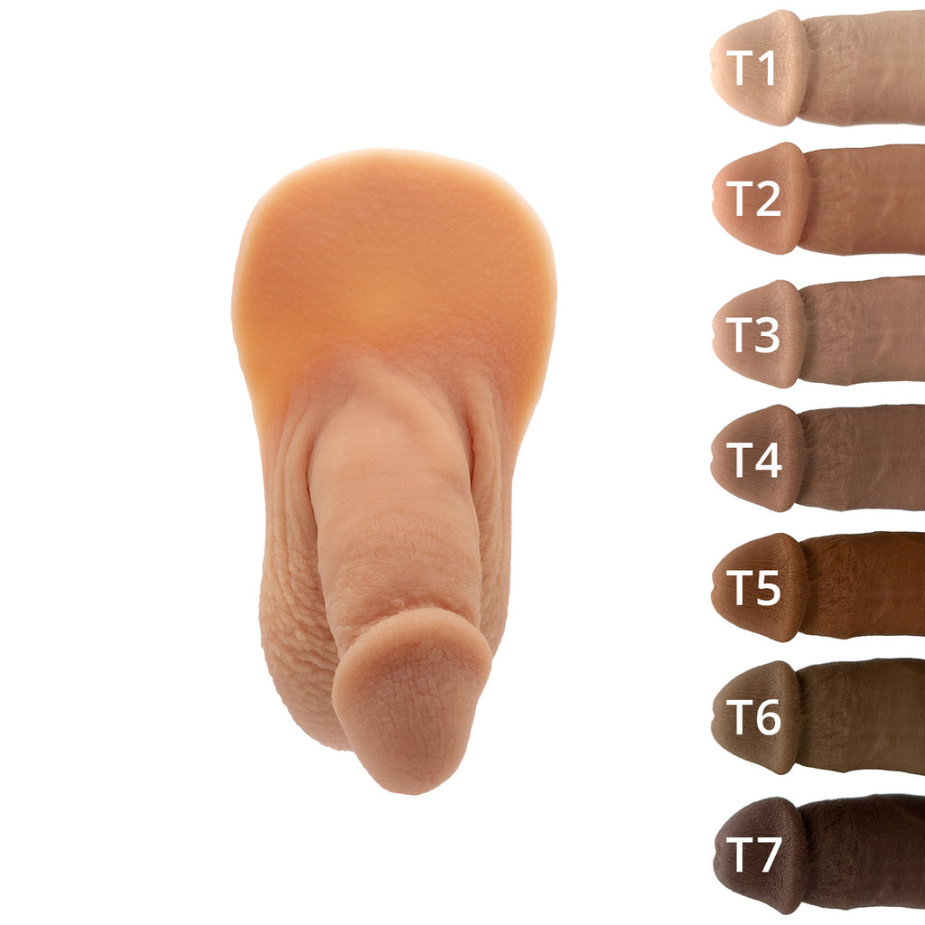 Realistic packer from Banana Prosthetics made of silicone featuring veins, wrinkles, realistic look of a flaccid penis. 7 different shades of skin color available.