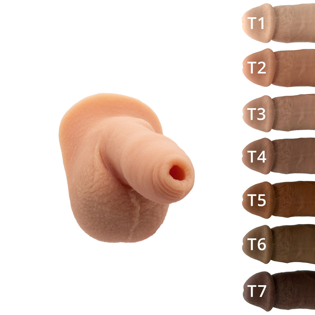 Realistic Stand to Pee packer from Banana Prosthetics made of silicone featuring veins, wrinkles, realistic look of a flaccid penis. 7 different skin tones. Side front.