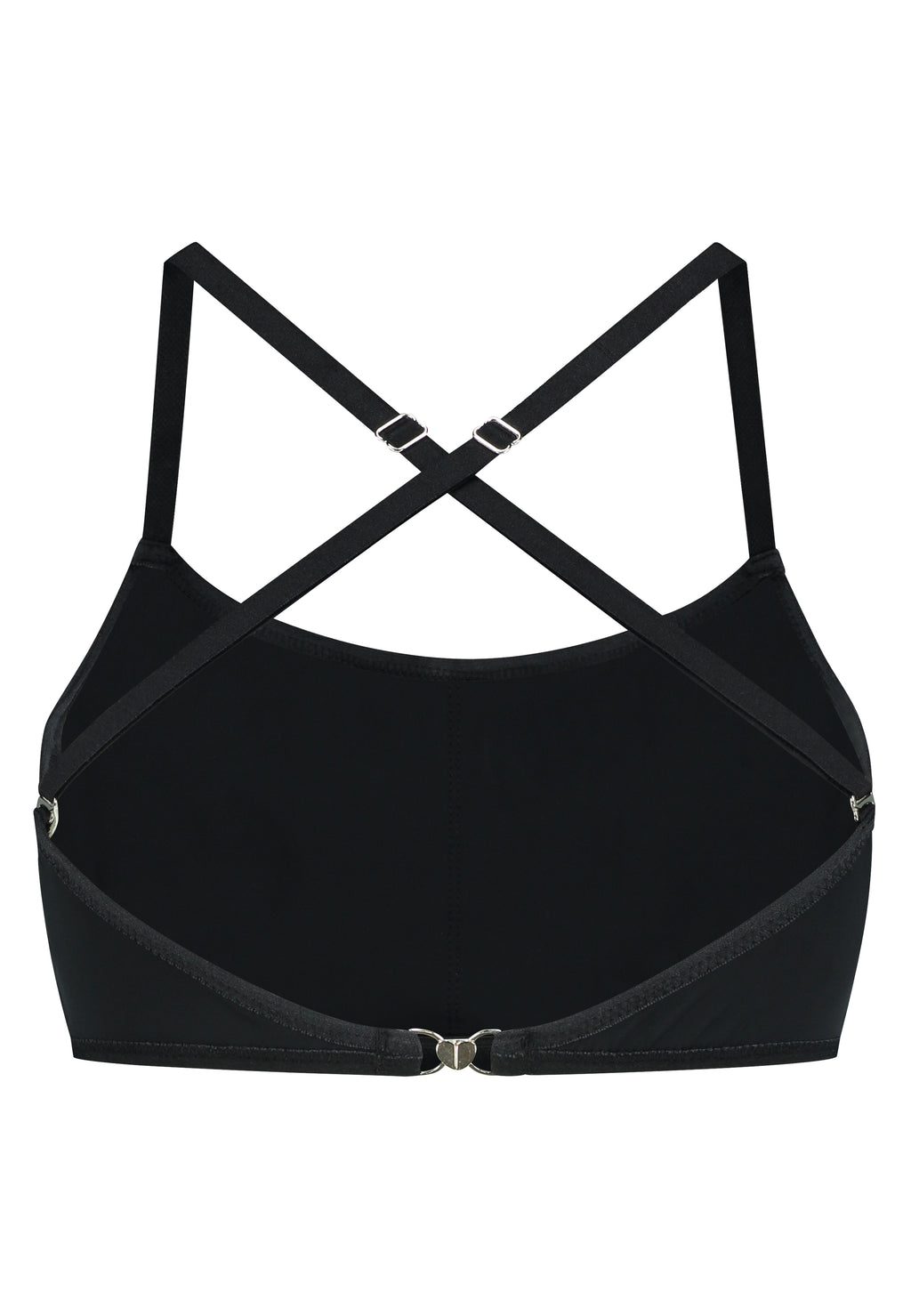 Black bralette sport top bra with pockets for prosthetics breast forms. Ideal for MtF, trans women, trans femme, nonbinary. Back view.