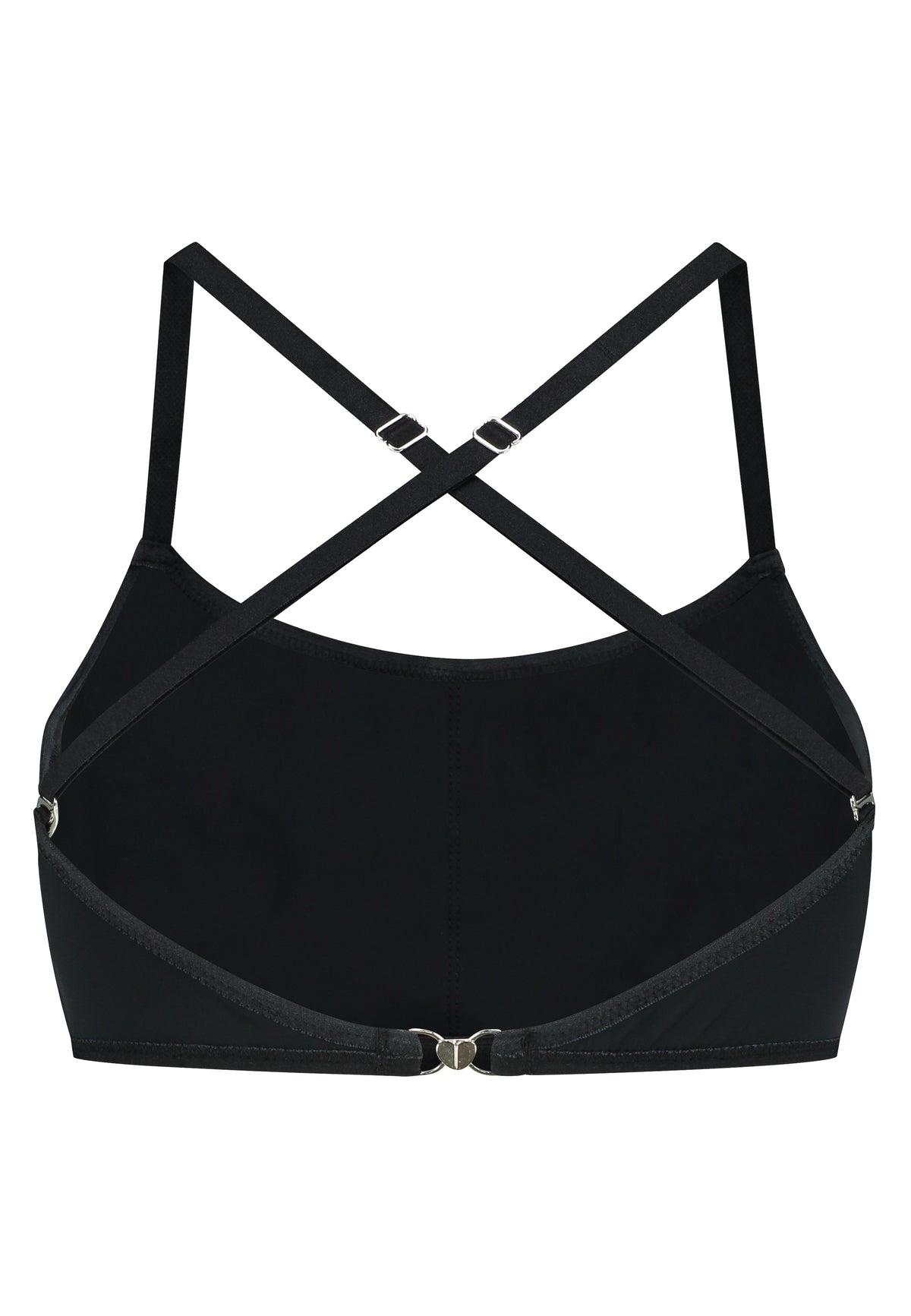 Black bralette sport top bra with pockets for prosthetics breast forms. Ideal for MtF, trans women, trans femme, nonbinary. Back view.