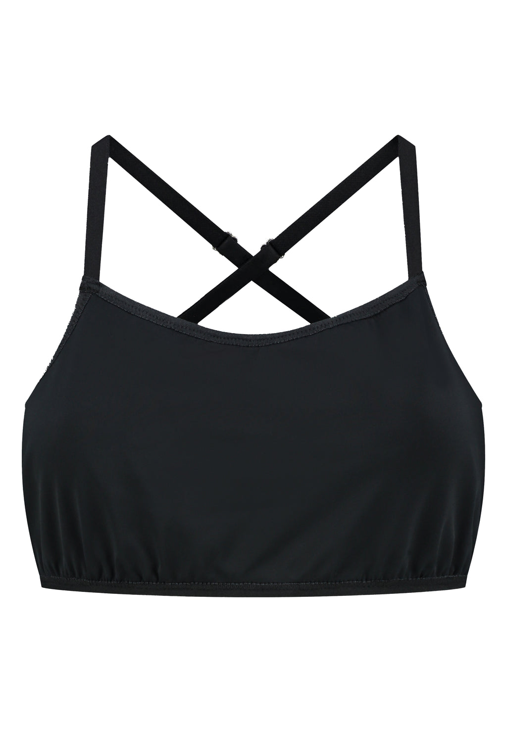 Black sport top bra with pockets for prosthetics breast forms. Ideal for MtF, trans women, trans femme, nonbinary. Front view 2.