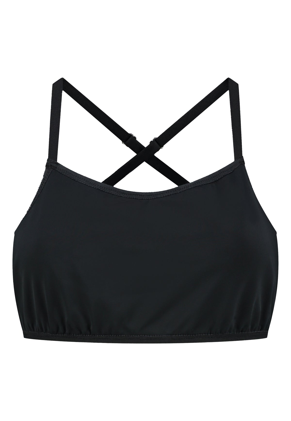 Black sport top bra with pockets for prosthetics breast forms. Ideal for MtF, trans women, trans femme, nonbinary. Front view 2.