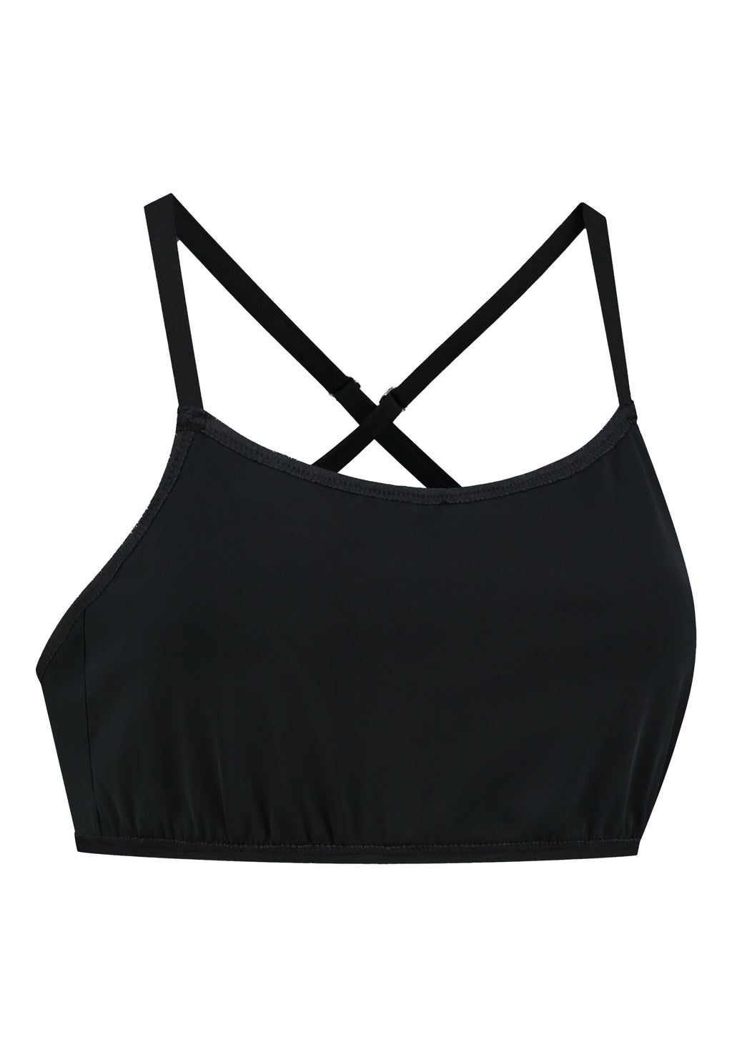 Black sporty top bra with pockets for prosthetics breast forms. Ideal for MtF, trans women, trans femme, nonbinary. Front view.