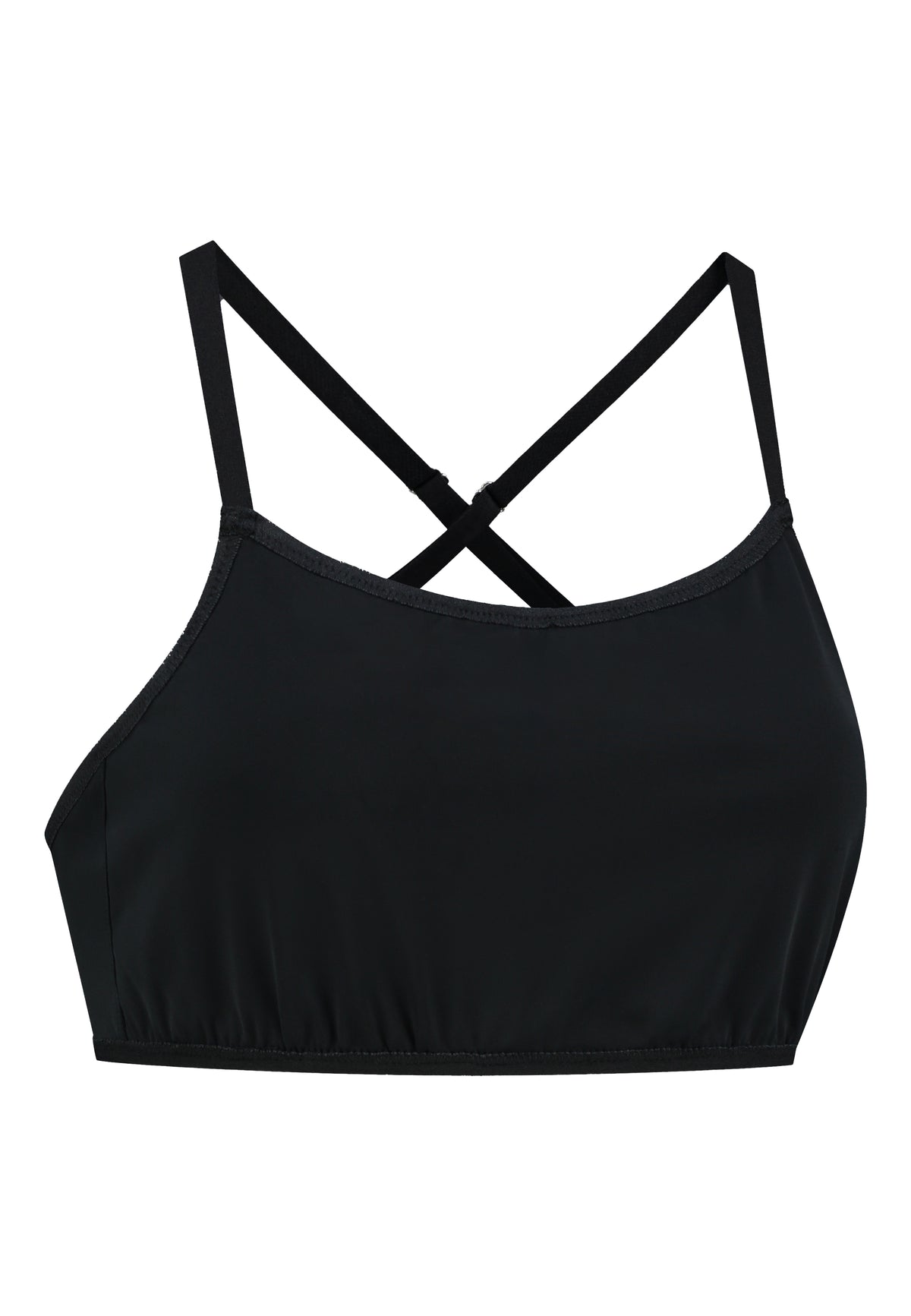 Black sporty top bra with pockets for prosthetics breast forms. Ideal for MtF, trans women, trans femme, nonbinary. Front view.