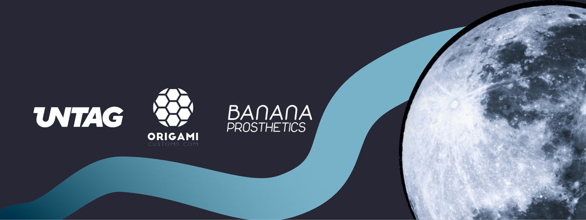 Promotional graphic featuring the logos for UNTAG, ORIGAMI, and BANANA PROSTHETICS on a dark navy background, with a large detailed moon illustration on the right and a flowing light blue wave across the center.