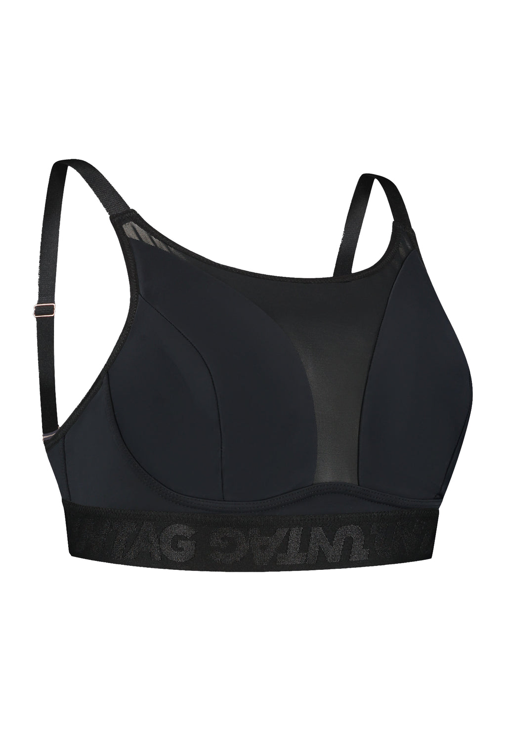 Black bralette top bra from UNTAG with pockets for prosthetics breast forms. Ideal for MtF, trans women, trans femme, nonbinary. Front view.