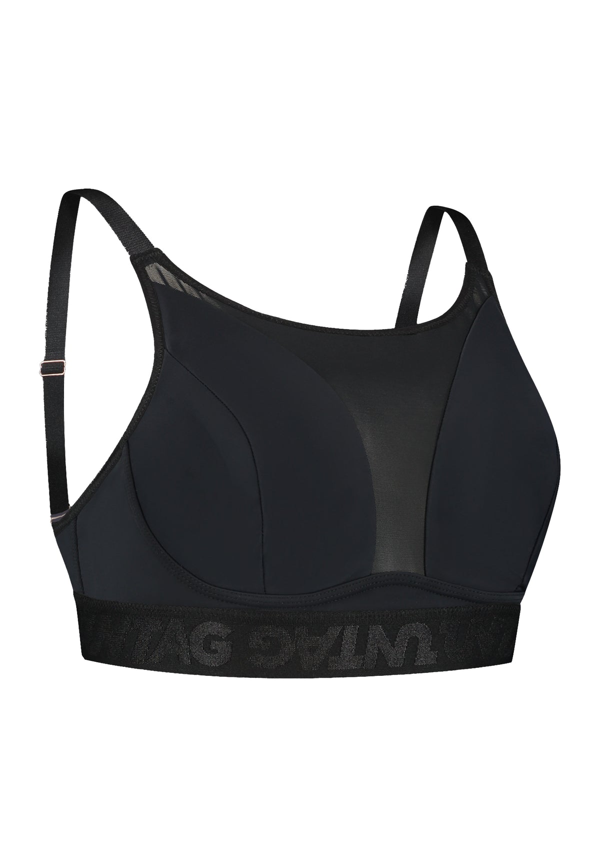 Black bralette top bra from UNTAG with pockets for prosthetics breast forms. Ideal for MtF, trans women, trans femme, nonbinary. Front view.