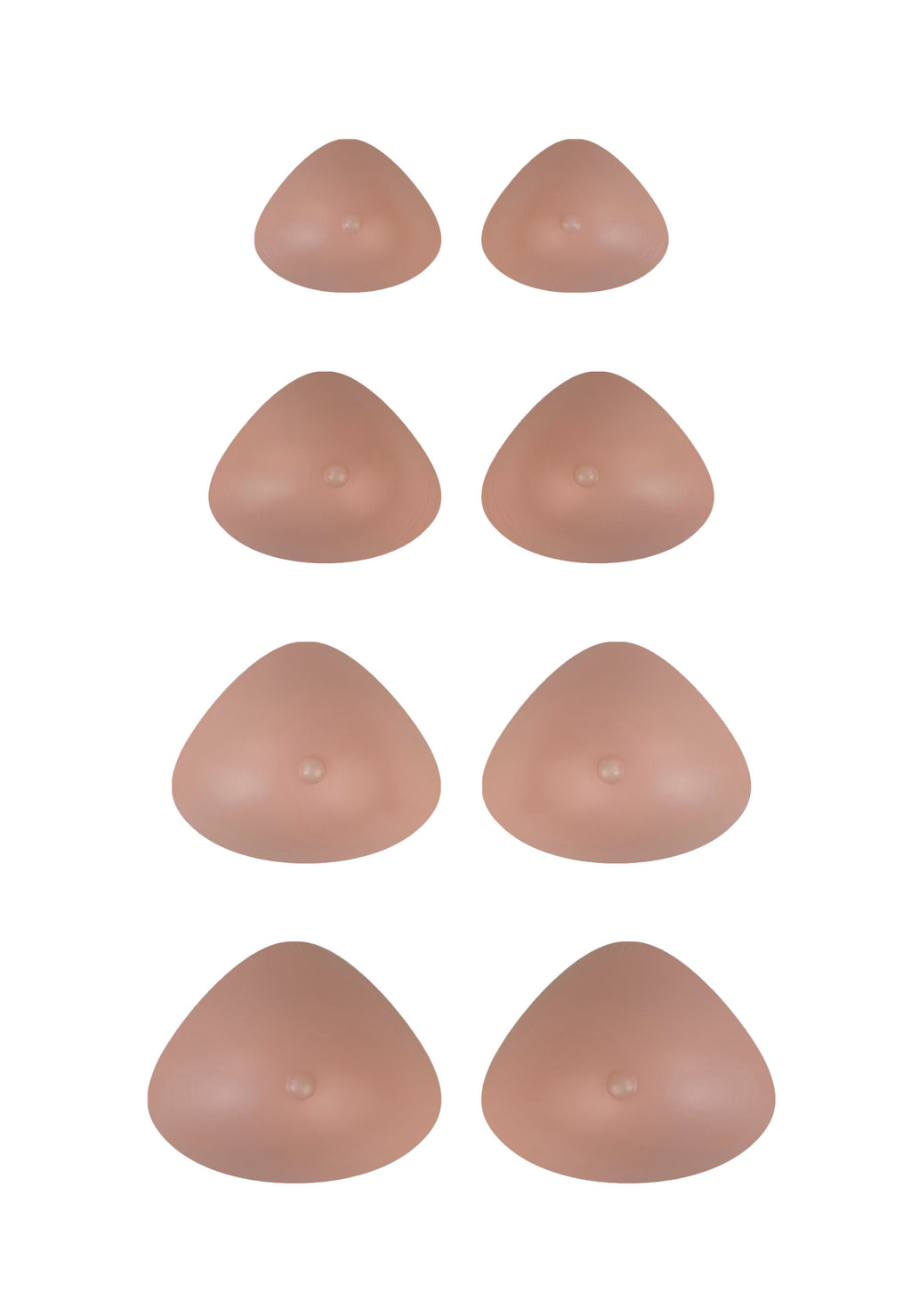 Breast forms or silicone realistic breast prostheses for trans women, mtf, drag queens, cosplayers. Beige. 4 sizes from A to D cup. Triangular. Pair.