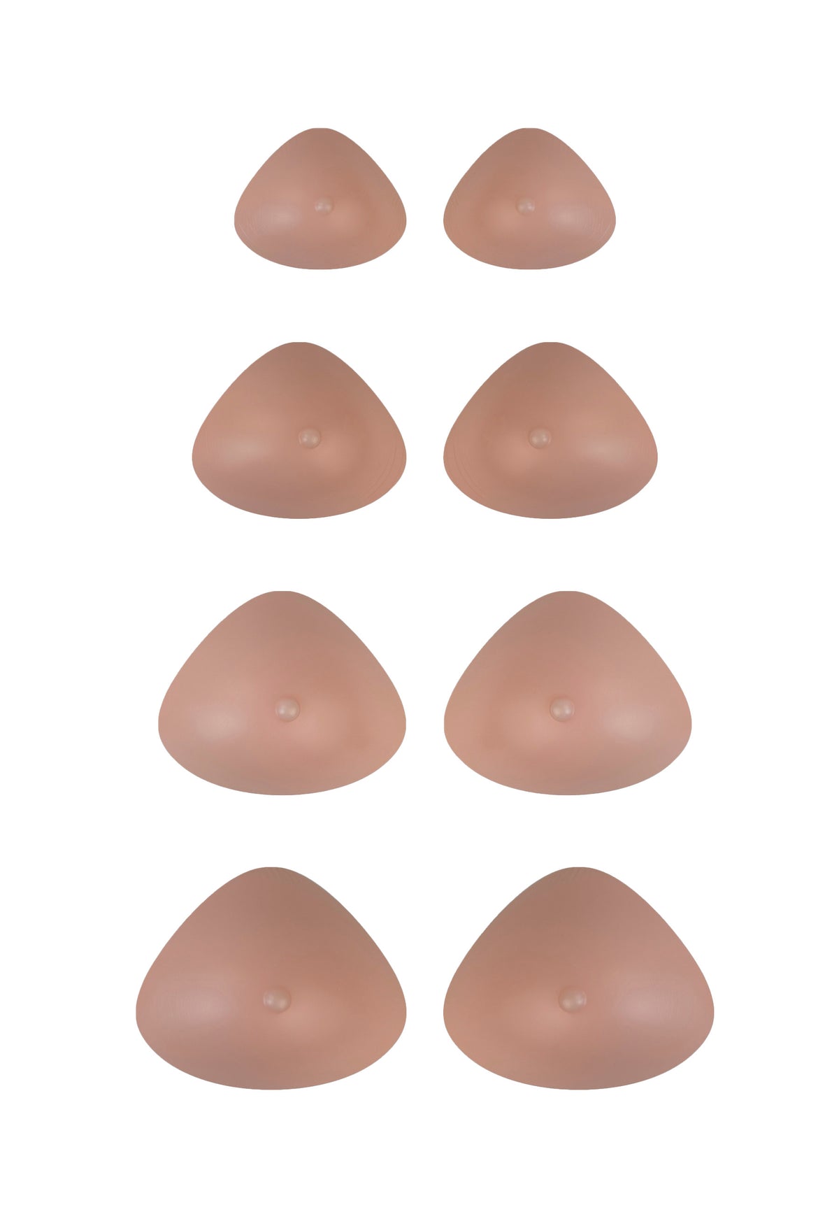 Breast forms or silicone realistic breast prostheses for trans women, mtf, drag queens, cosplayers. Beige. 4 sizes from A to D cup. Triangular. Pair.