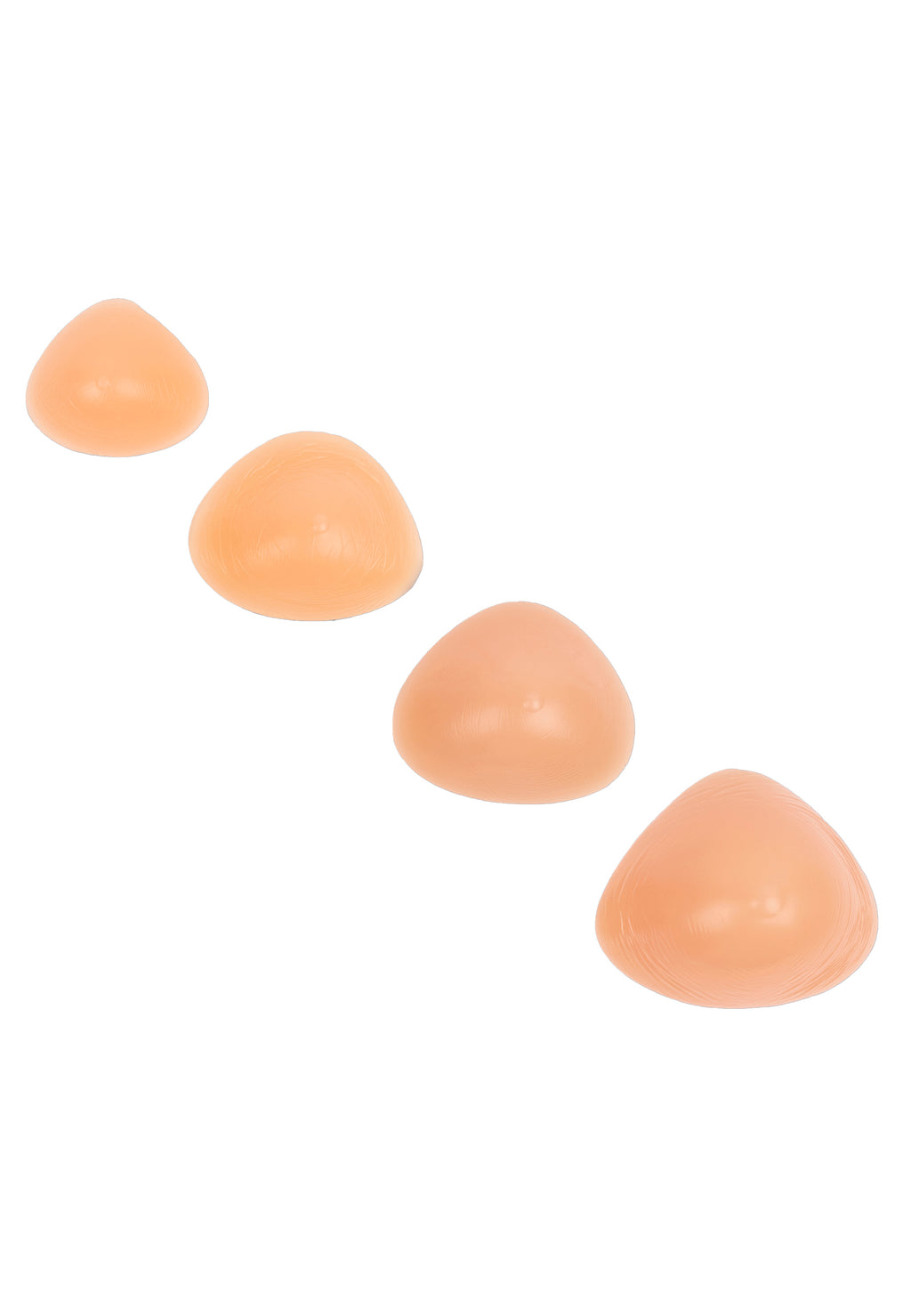 Breast forms or silicone realistic breast prostheses for trans women, mtf, drag queens, cosplayers. Beige. 4 sizes from A to D cup. Triangular.