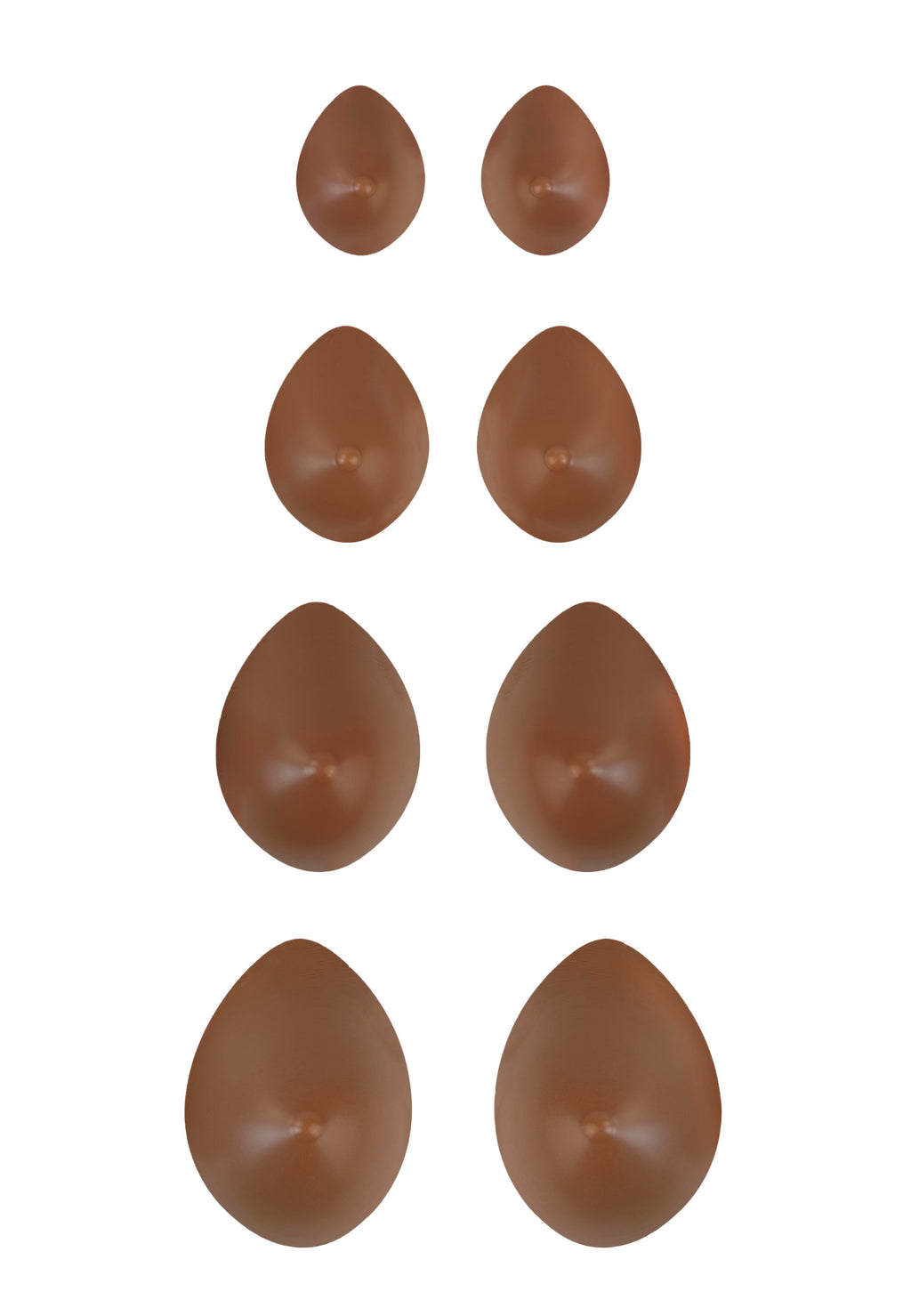 Breast forms or silicone realistic breast prostheses for trans women, mtf, drag queens, cosplayers. Caramel color. 4 sizes from A to D cup. Oval shape. Pair view.