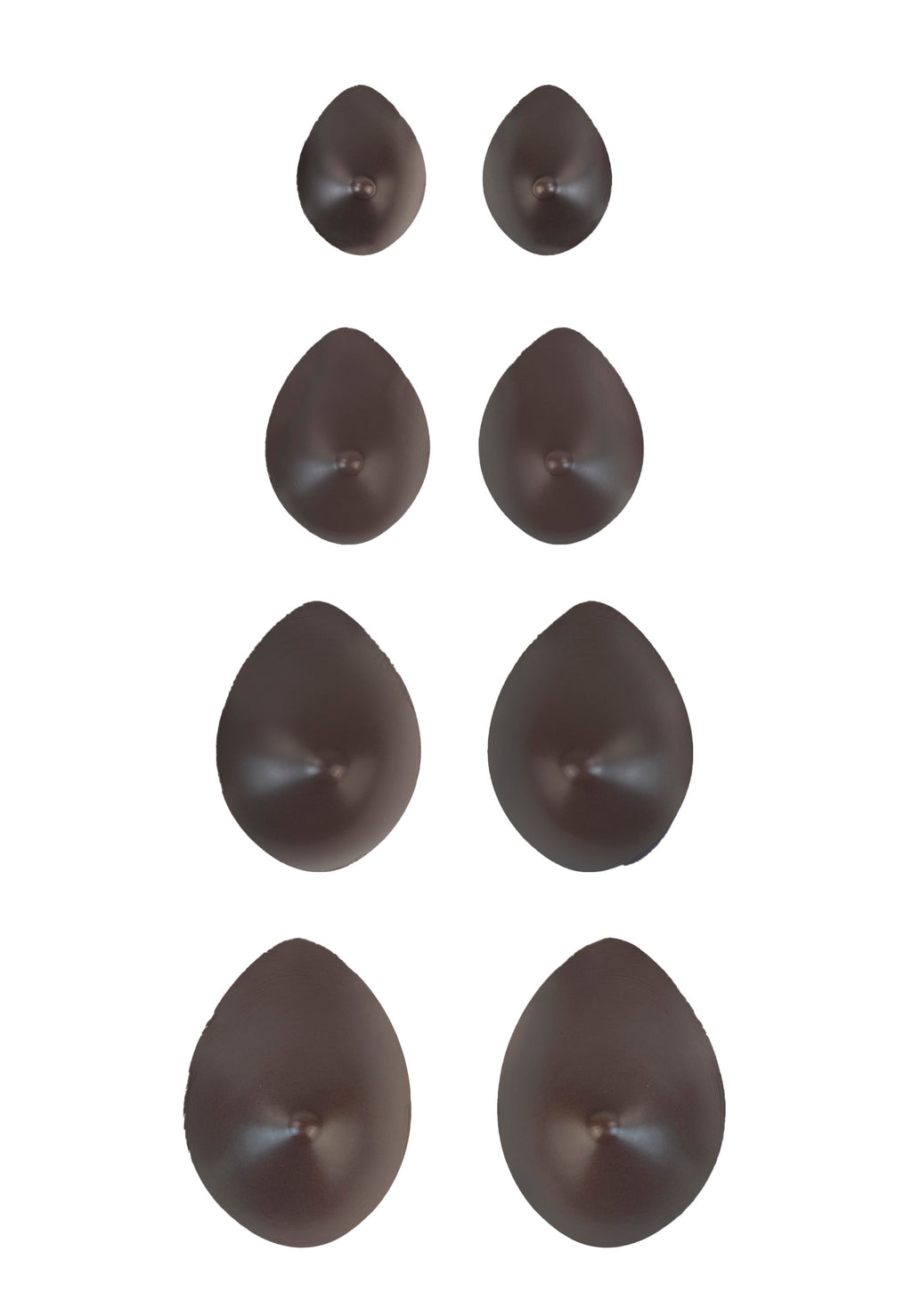 Breast forms or silicone realistic breast prostheses for trans women, mtf, drag queens, cosplayers. Dark chocolate. 4 sizes from A to D cup. Oval shape. Pair view.