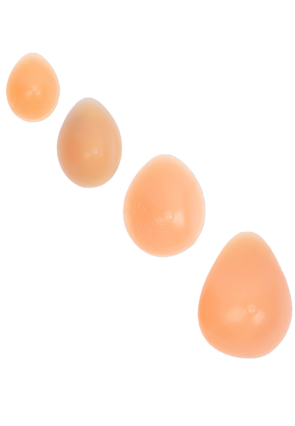 Breast forms or silicone realistic breast prostheses for trans women, mtf, drag queens, cosplayers. Pale color. 4 sizes from A to D cup. Oval shape. 