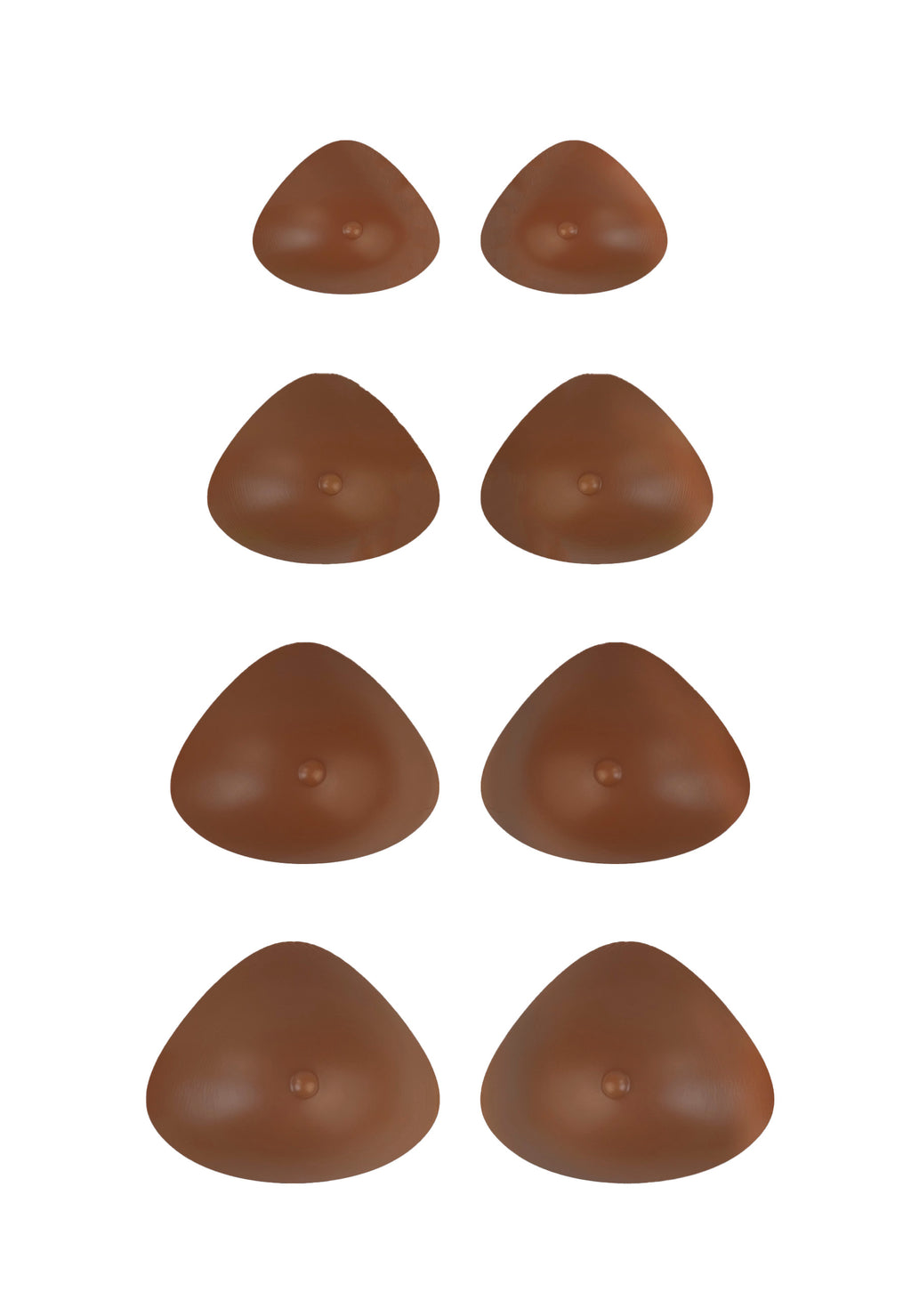 Breast forms or silicone realistic breast prostheses for trans women, mtf, drag queens, cosplayers. Dark skin tone. 4 sizes from A to D cup. Triangular.