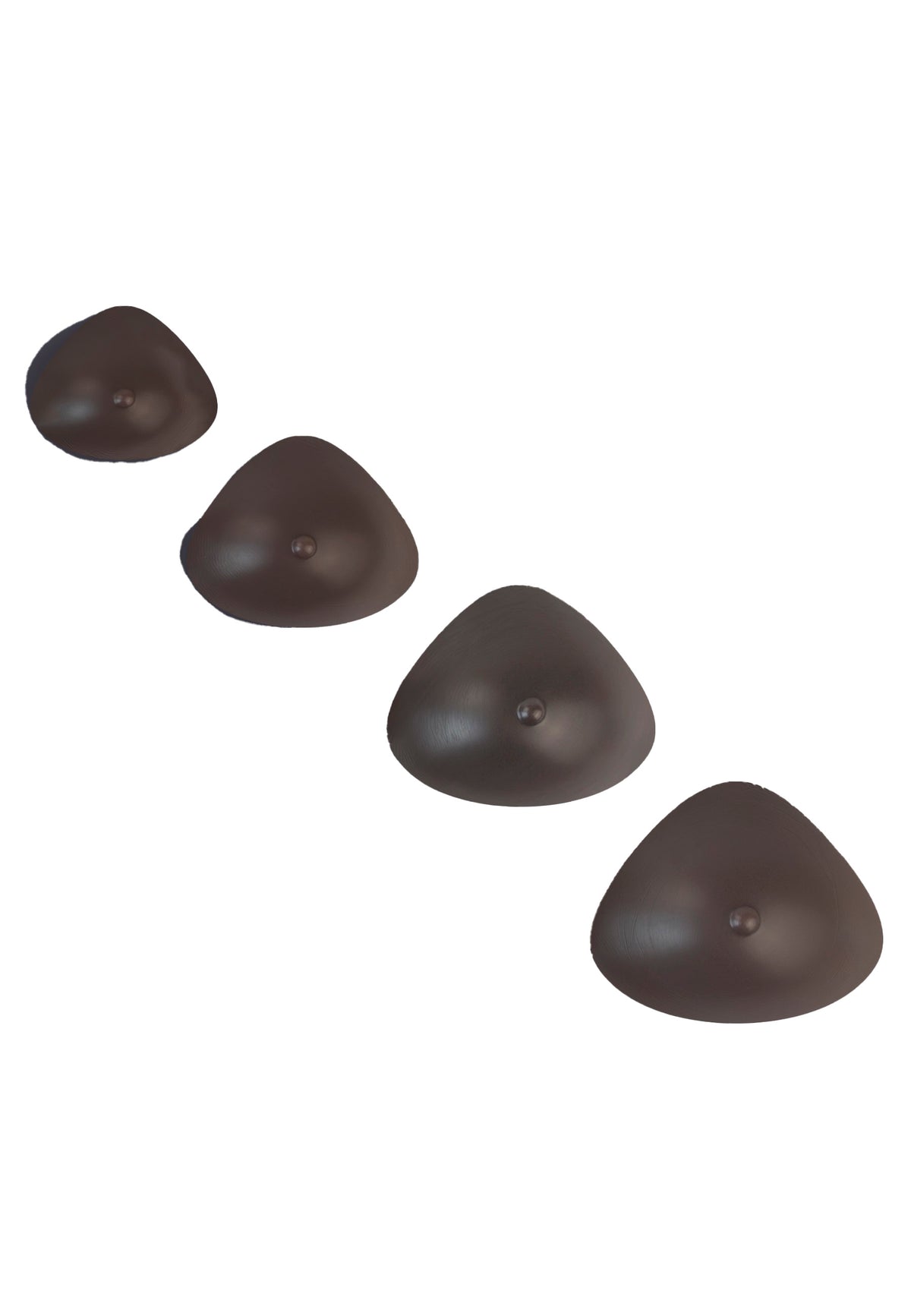 Breast forms or silicone realistic breast prostheses for trans women, mtf, drag queens, cosplayers. Dark chocolate color and 4 sizes from A to D cup. Triangular.