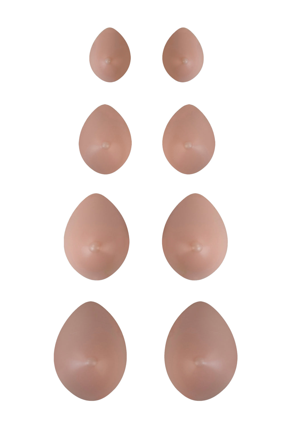 Breast forms or silicone realistic breast prostheses for trans women, mtf, drag queens, cosplayers. Beige color. 4 sizes from A to D cup. Oval shape. Pair view.