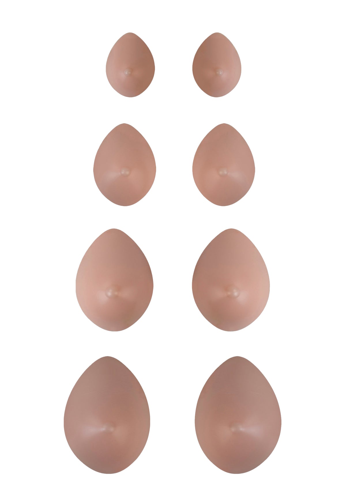 Breast forms or silicone realistic breast prostheses for trans women, mtf, drag queens, cosplayers. Beige color. 4 sizes from A to D cup. Oval shape. Pair view.