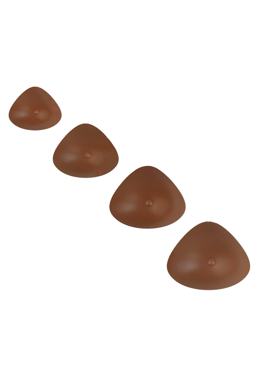 Breast forms or silicone realistic breast prostheses for trans women, mtf, drag queens, cosplayers. Caramel. 4 sizes from A to D cup. Triangular shape.