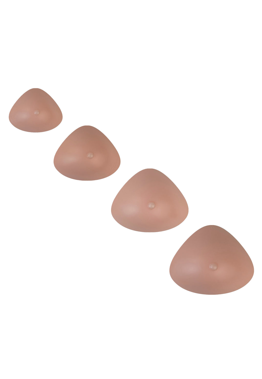 Breast forms or silicone realistic breast prostheses for trans women, mtf, drag queens, cosplayers. Beige color. 4 sizes from A to D cup. Triangular shape. front view.