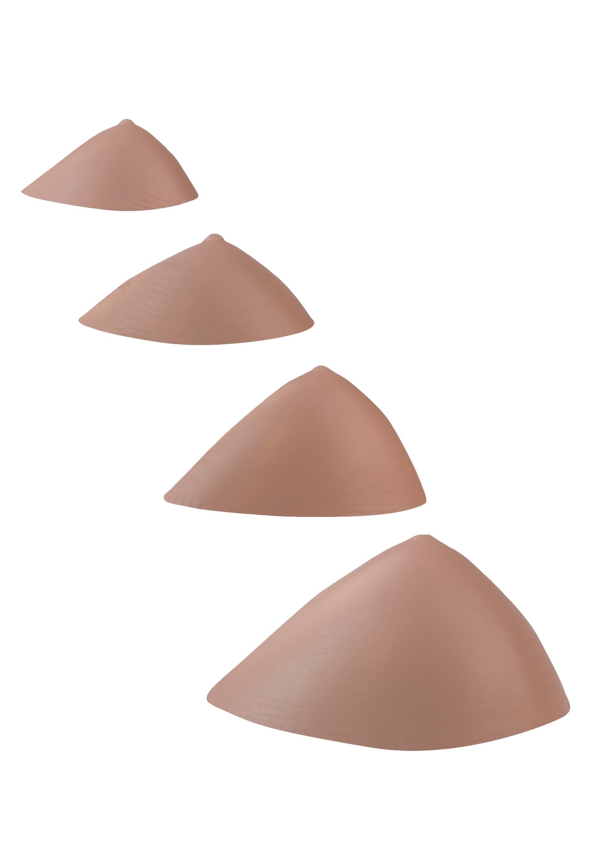 Breast forms or silicone realistic breast prostheses for trans women, mtf, drag queens, cosplayers. Beige color. 4 sizes from A to D cup. Oval shape. Bottom view.