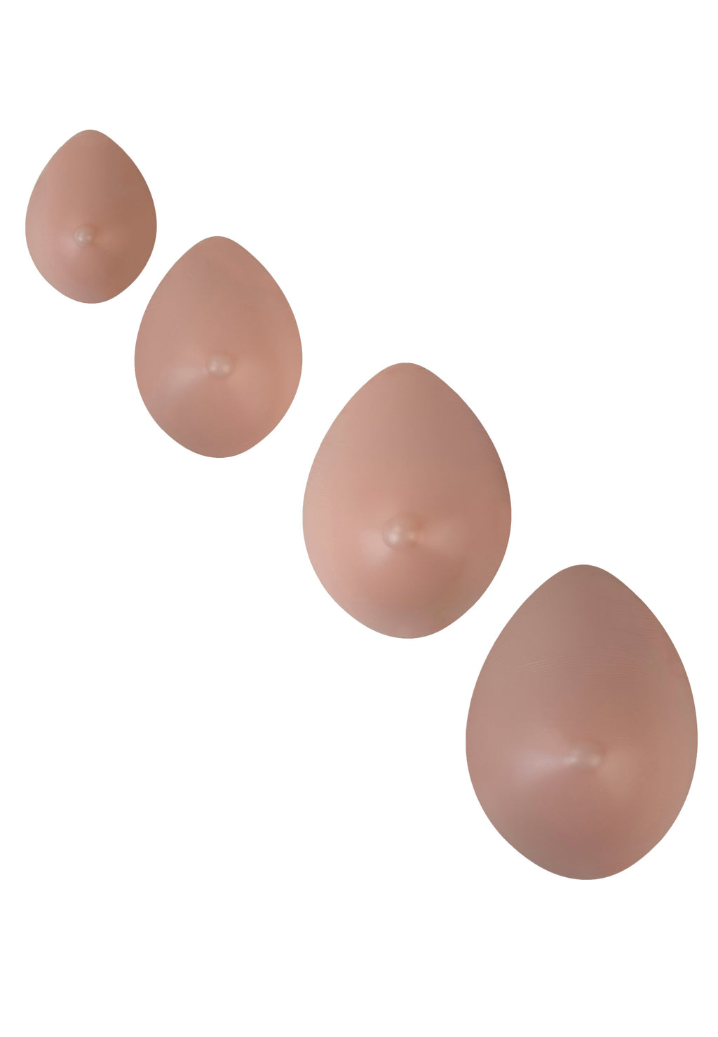 Breast forms or silicone realistic breast prostheses for trans women, mtf, drag queens, cosplayers. Beige color. 4 sizes from A to D cup. Oval shape. 