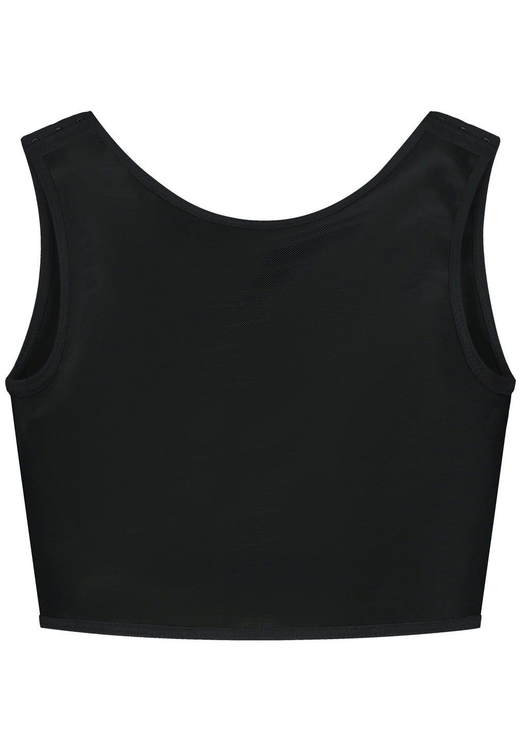 Adjustable chest binder with clasps in the front and on the shoulder straps. Brand UNTAG, Back view.