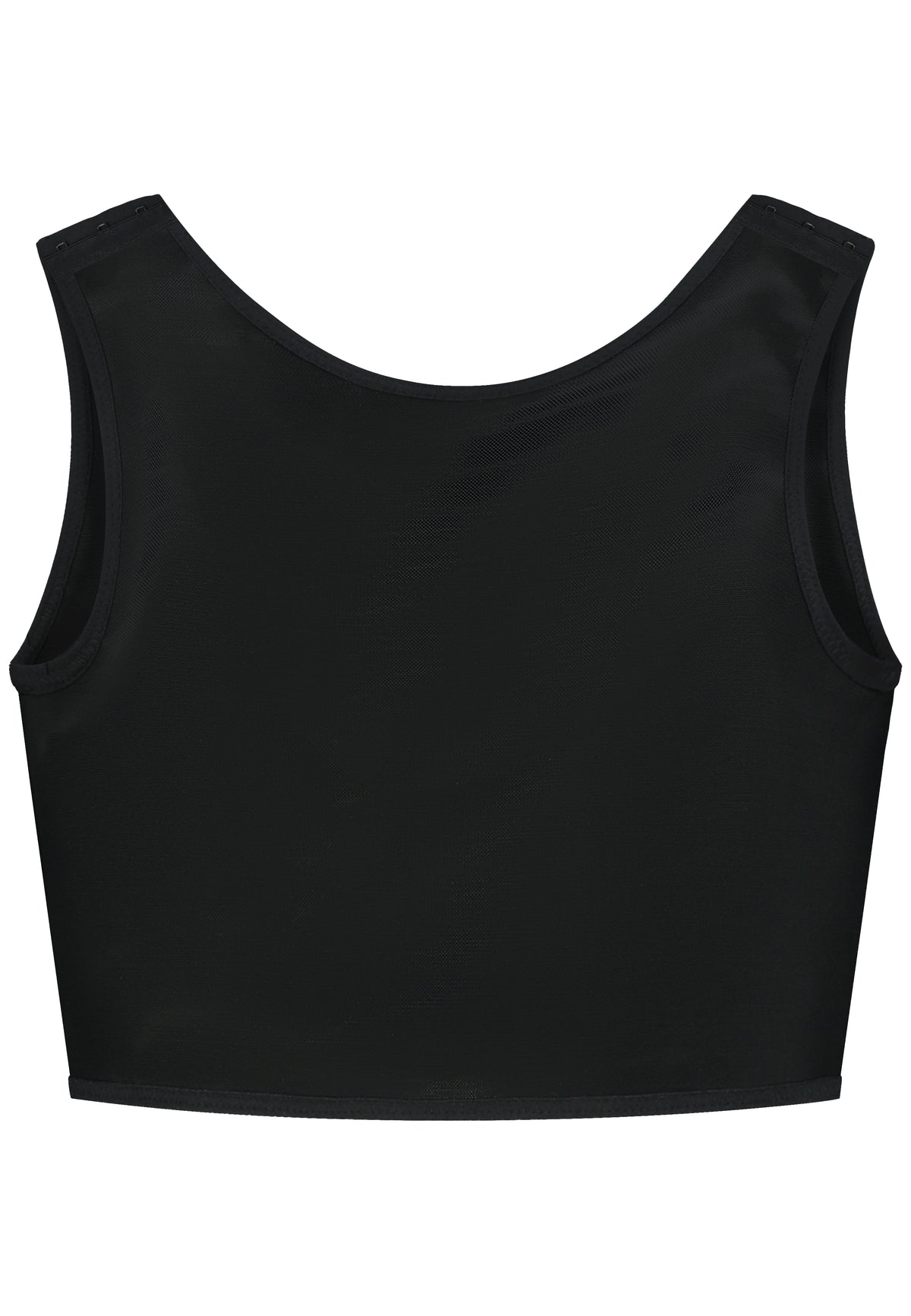 Adjustable chest binder with clasps in the front and on the shoulder straps. Brand UNTAG, Back view.