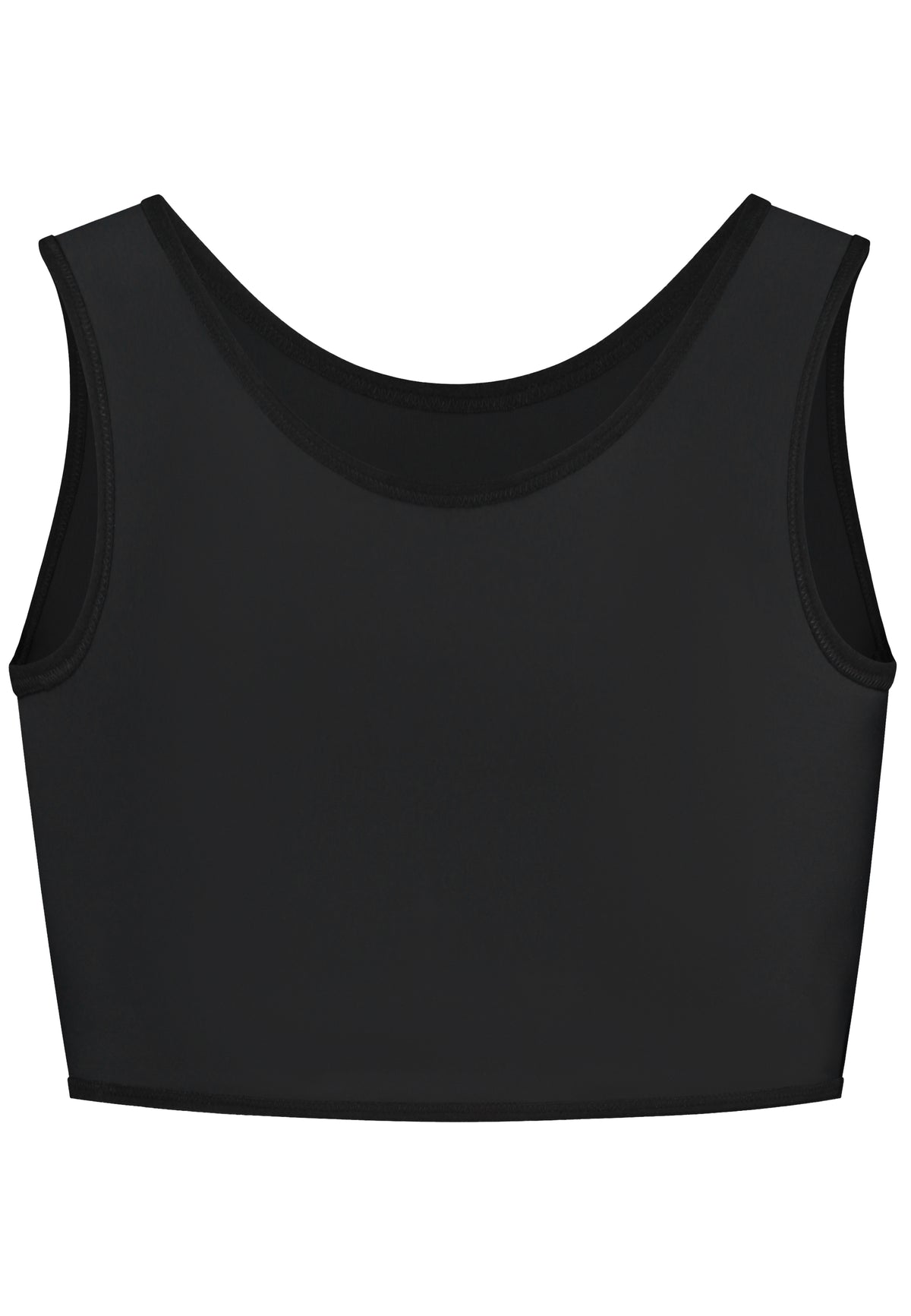 UNTAG black chest compression binder for trans, nonbinary, ftm, trans masc, drag kings, cosplayers. It flattens the chest tissue. Front view close up.