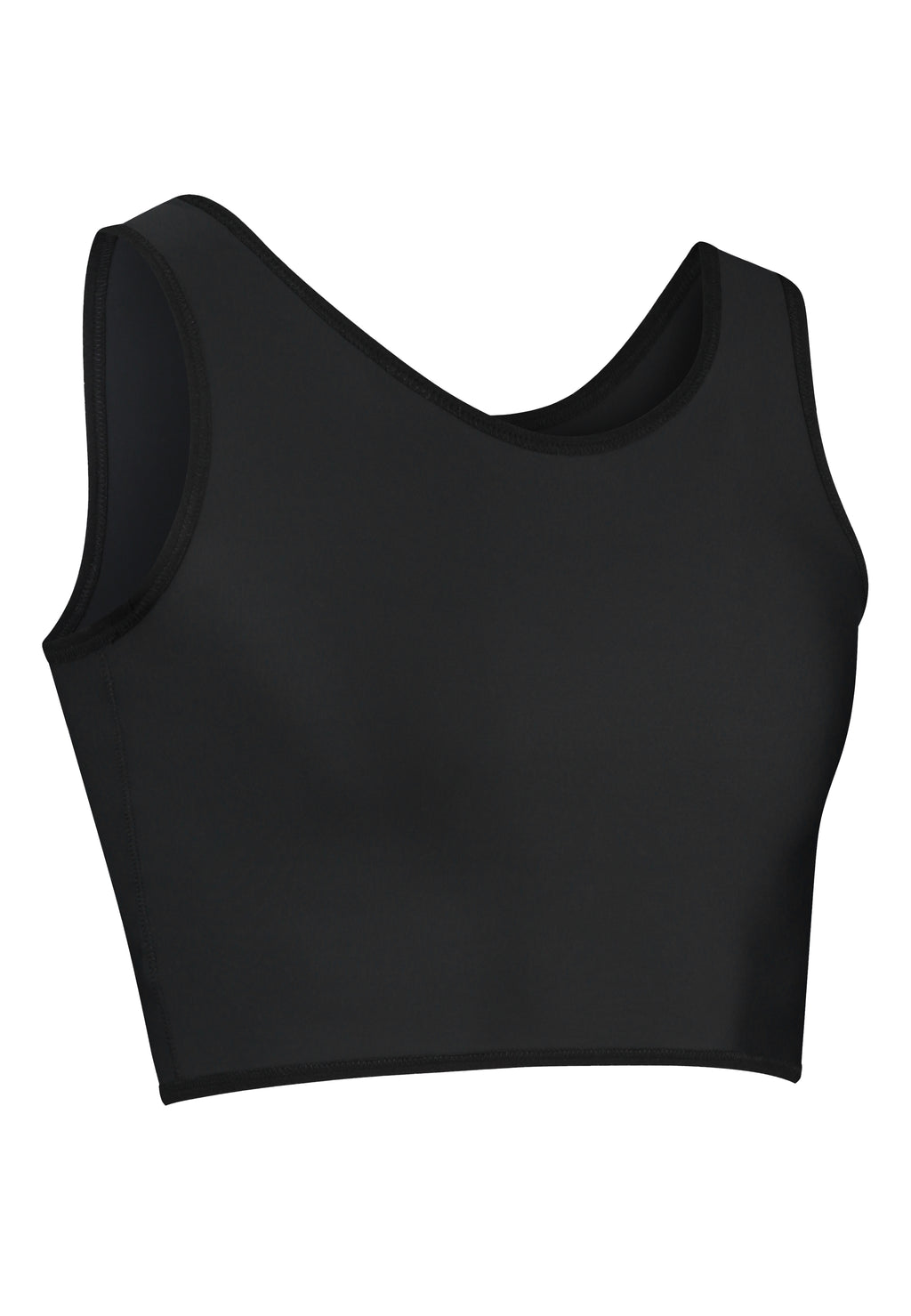 UNTAG black chest compression binder for trans, nonbinary, ftm, trans masc, drag kings, cosplayers. It flattens the chest tissue. Front view.