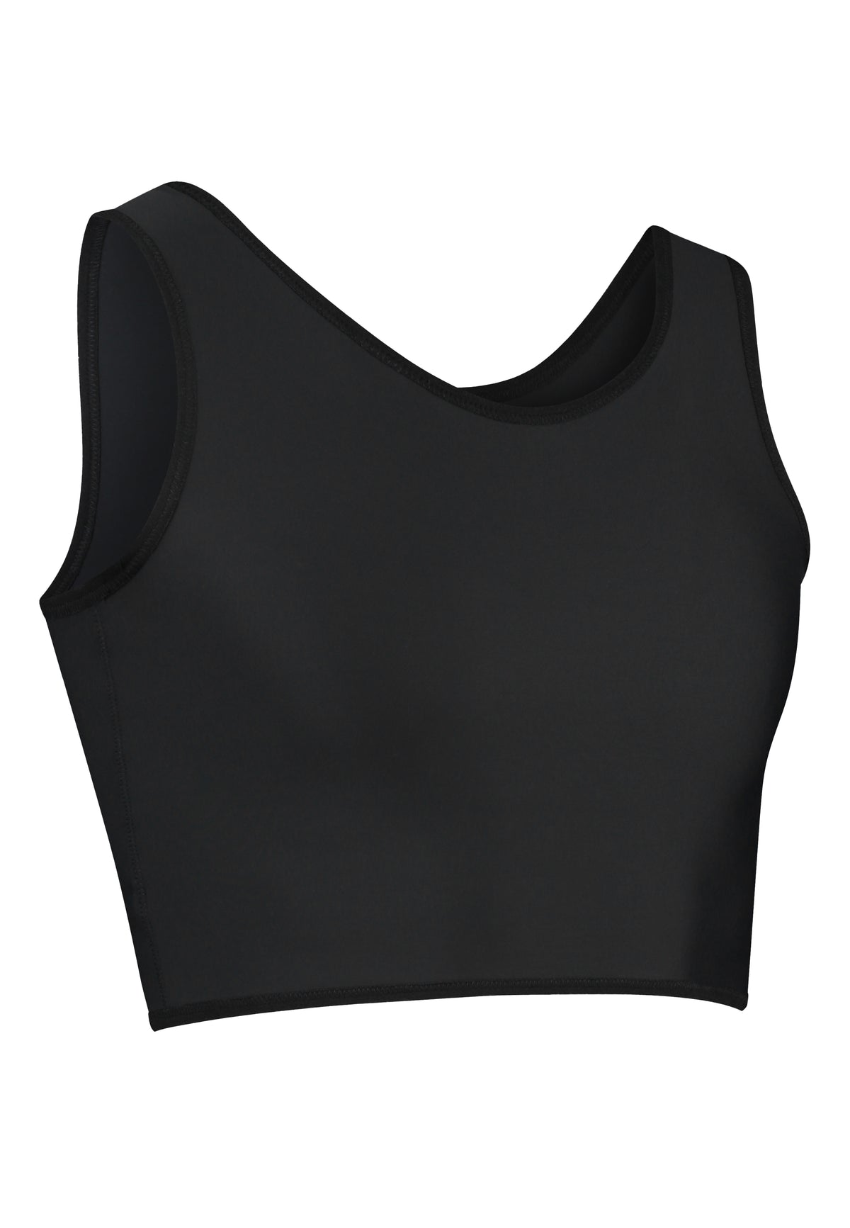 UNTAG black chest compression binder for trans, nonbinary, ftm, trans masc, drag kings, cosplayers. It flattens the chest tissue. Front view.