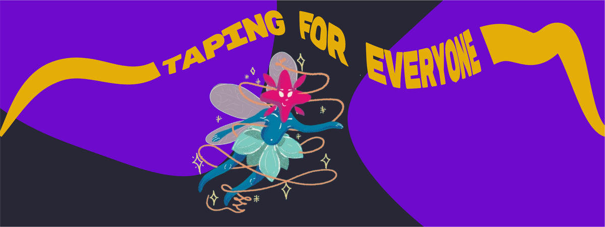 Guide to chest tape and tucking picturing a genderqueer fairy with blue skin, flower head, flat chest, flower skirt and wings.