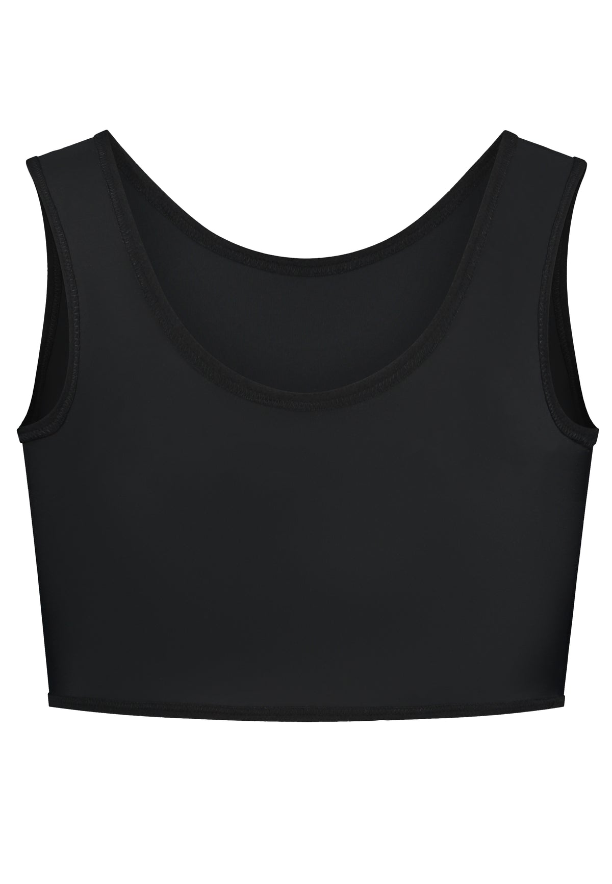 UNTAG black gym safe chest compression binder for trans, nonbinary, ftm, trans masc, drag kings, cosplayers. It flattens the chest tissue. Back view.