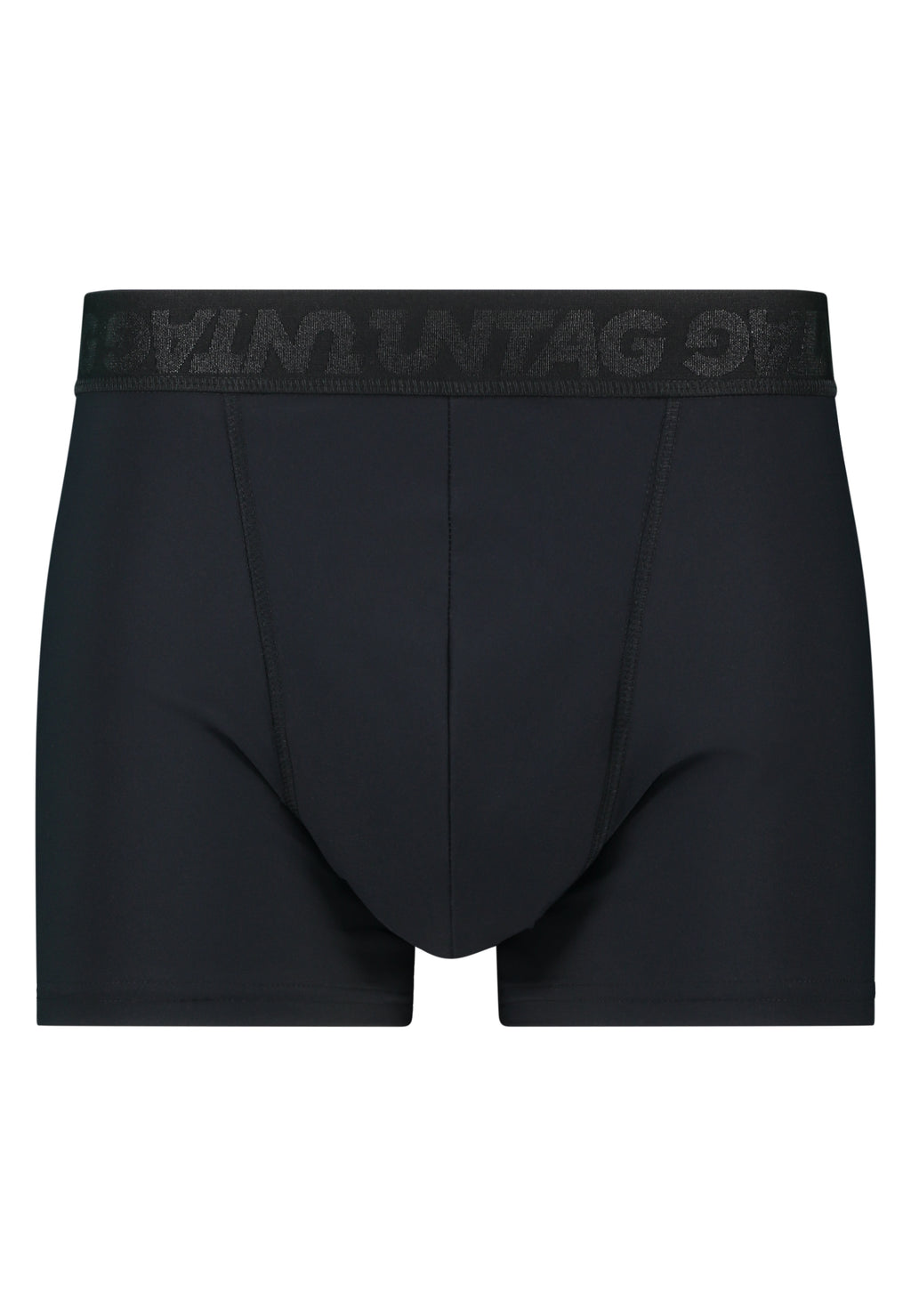 UNTAG period boxers for trans people that experience monthly bleeding. Black. Front view.