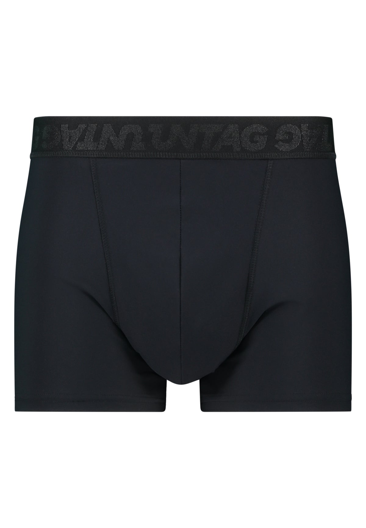 UNTAG period boxers for trans people that experience monthly bleeding. Black. Front view.