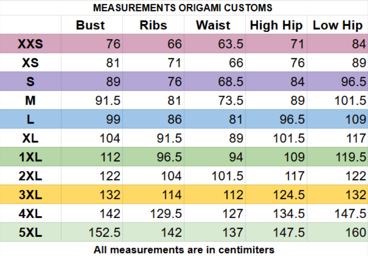 A measurement chart for origami customs trans garments showing size rows from XXS to 5XL and columns for bust, ribs, waist, high hip, and low hip measurements in centimeters.