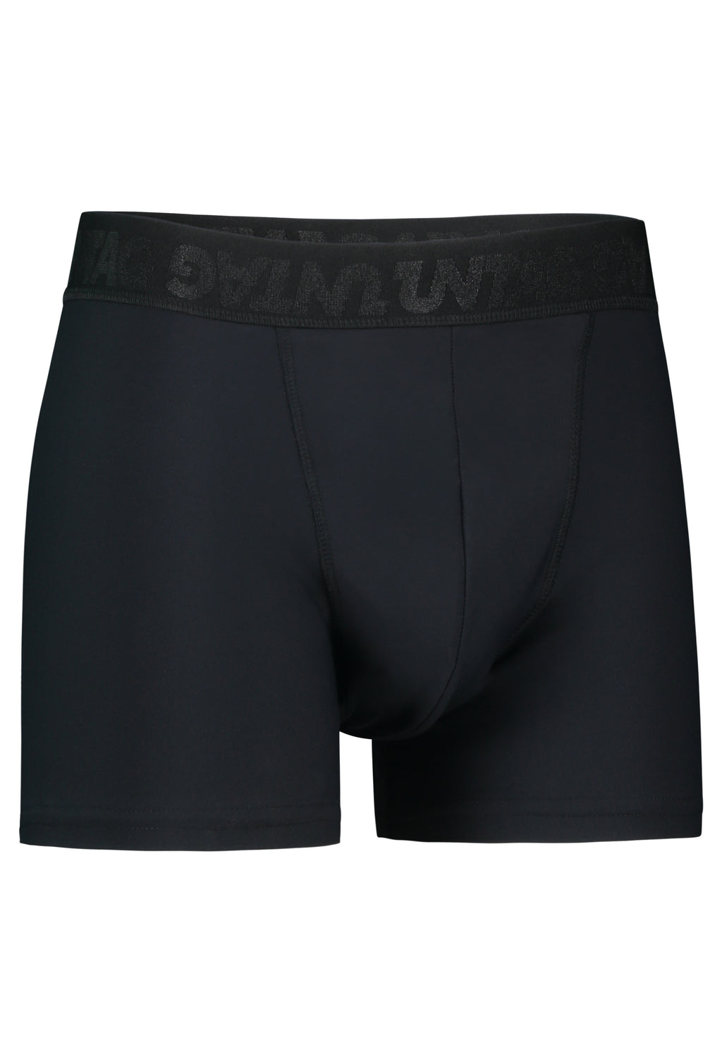 UNTAG period boxers for trans people that experience monthly bleeding. Black. Front side view.