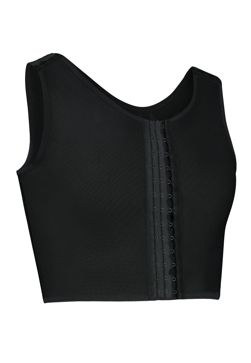 Adjustable chest binder with clasps in the front and on the shoulder straps. Brand UNTAG, Front view.