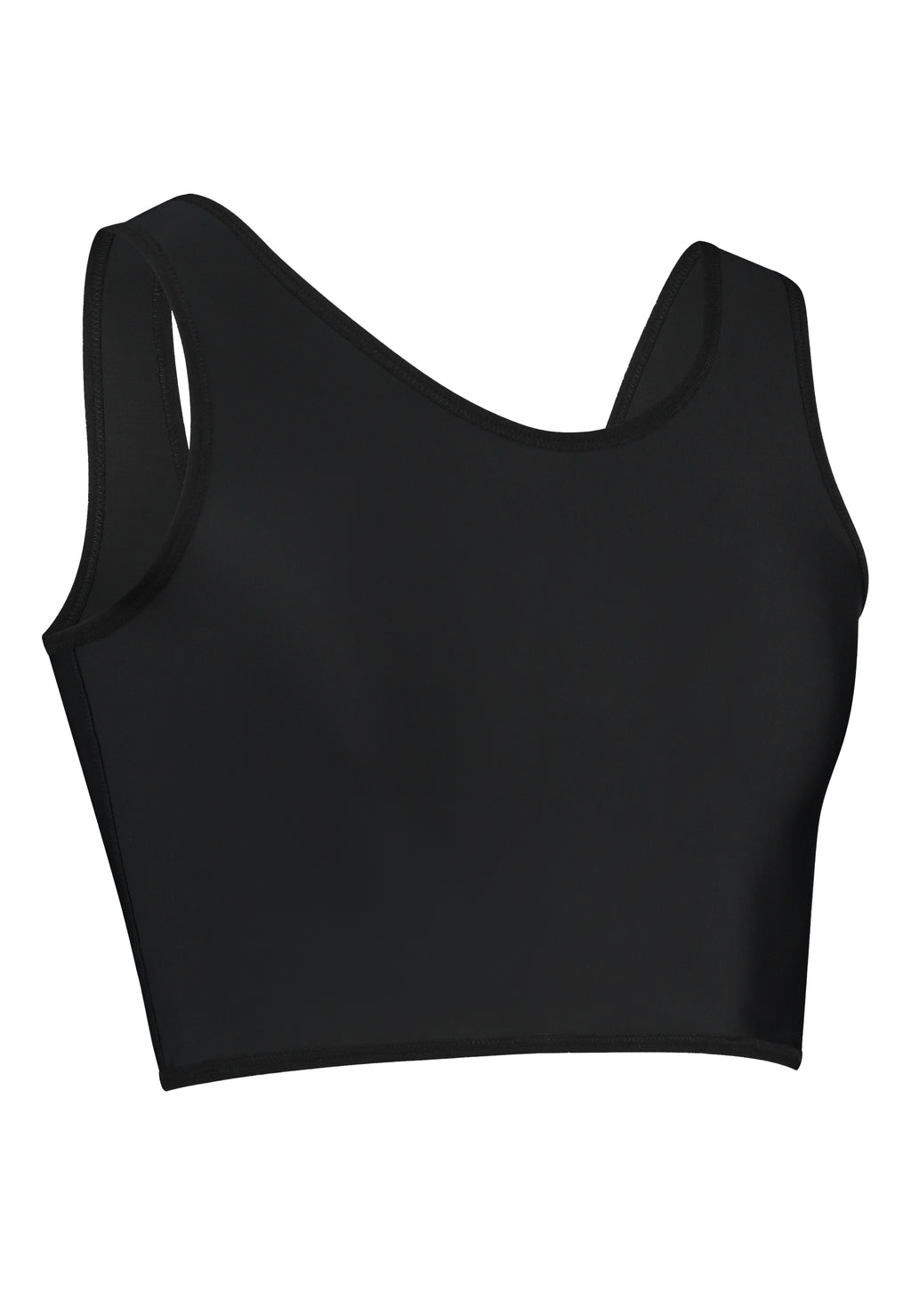 UNTAG black gym safe chest compression binder for trans, nonbinary, ftm, trans masc, drag kings, cosplayers. It flattens the chest tissue. Side view.