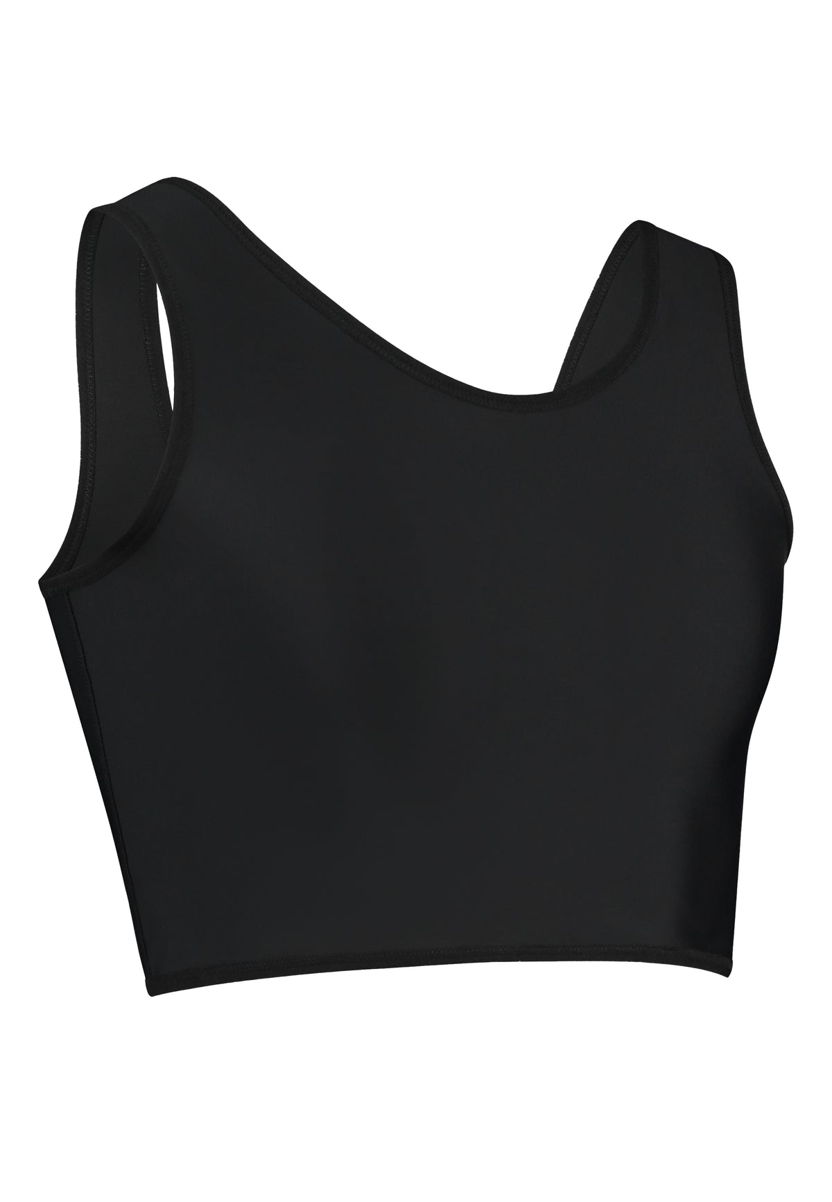 UNTAG black gym safe chest compression binder for trans, nonbinary, ftm, trans masc, drag kings, cosplayers. It flattens the chest tissue. Side view.