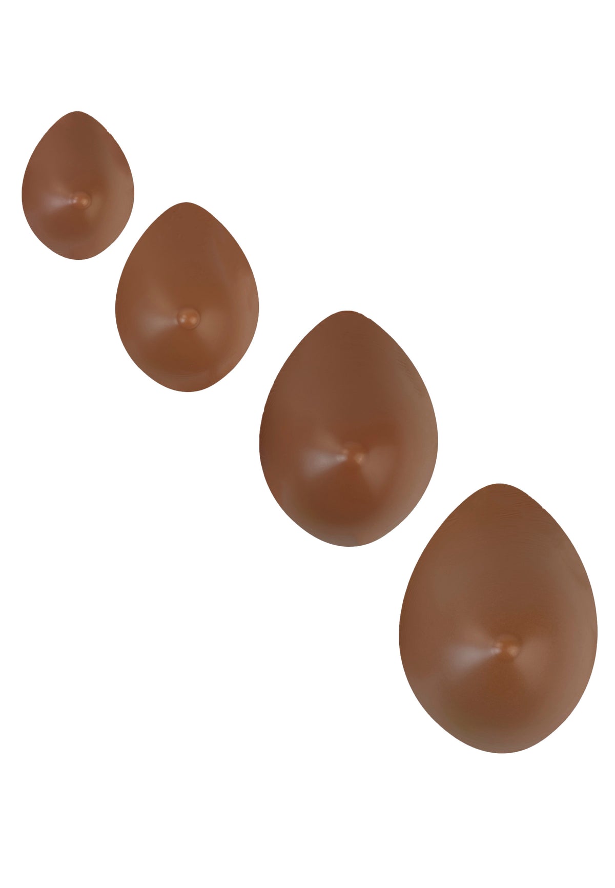 Breast forms or silicone realistic breast prostheses for trans women, mtf, drag queens, cosplayers. Caramel skin. 4 sizes from A to D cup. Oval shape. 