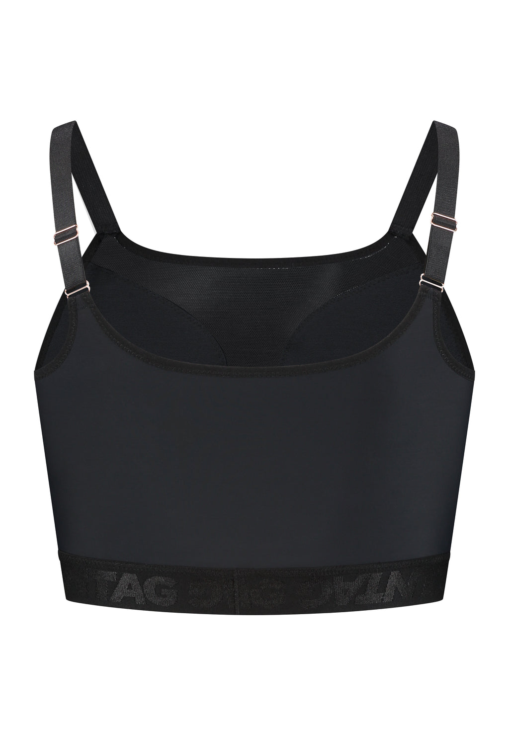 Black sport safe chest binder ideal for trans masc, trans men, transgender and ftm nonbinary people. It has adjustable shoulder strings and thick elastic to keep it in place. Back view. 